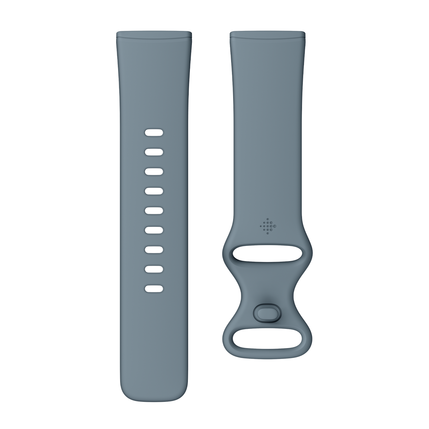Two blue watch bands, one with holes and the other with a fastener.