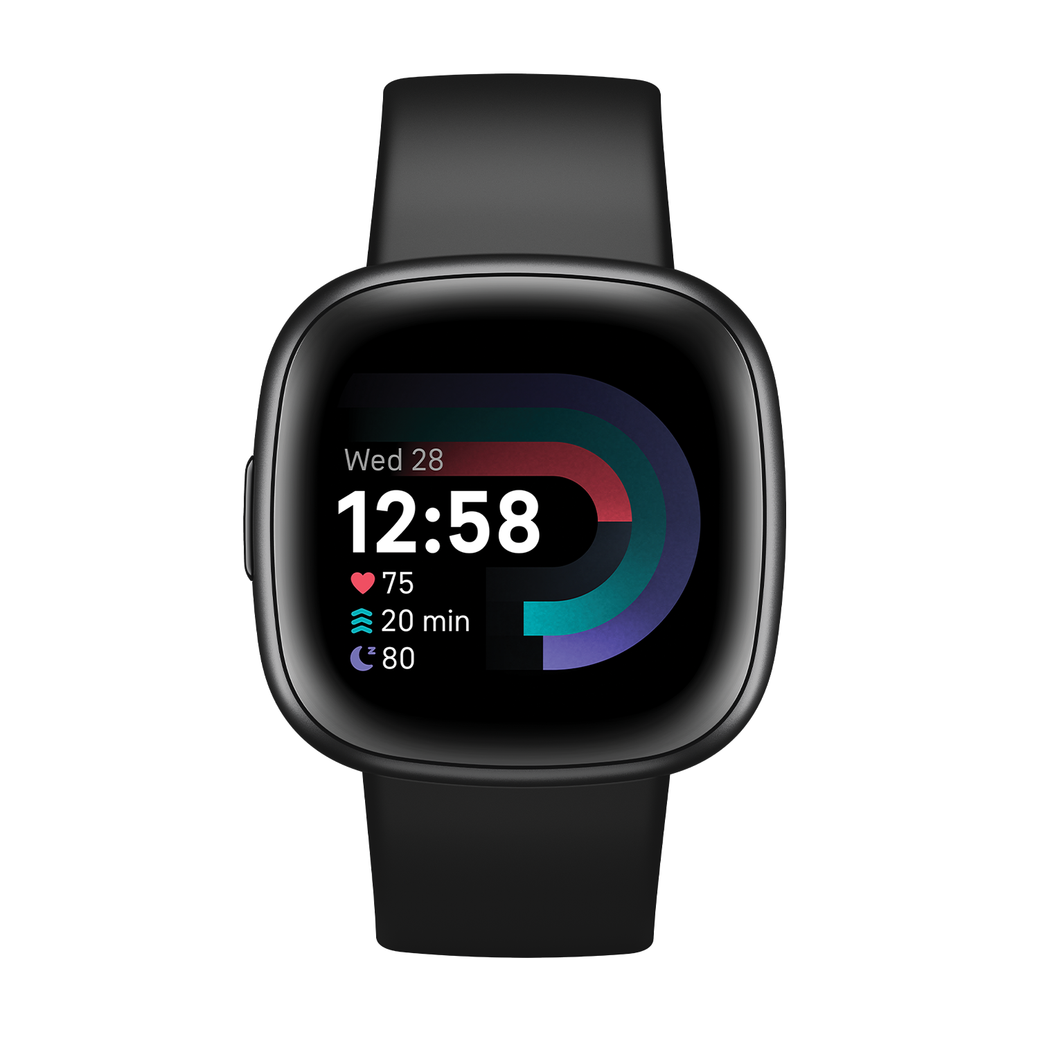 Black smartwatch showing time and stats on a black background.
