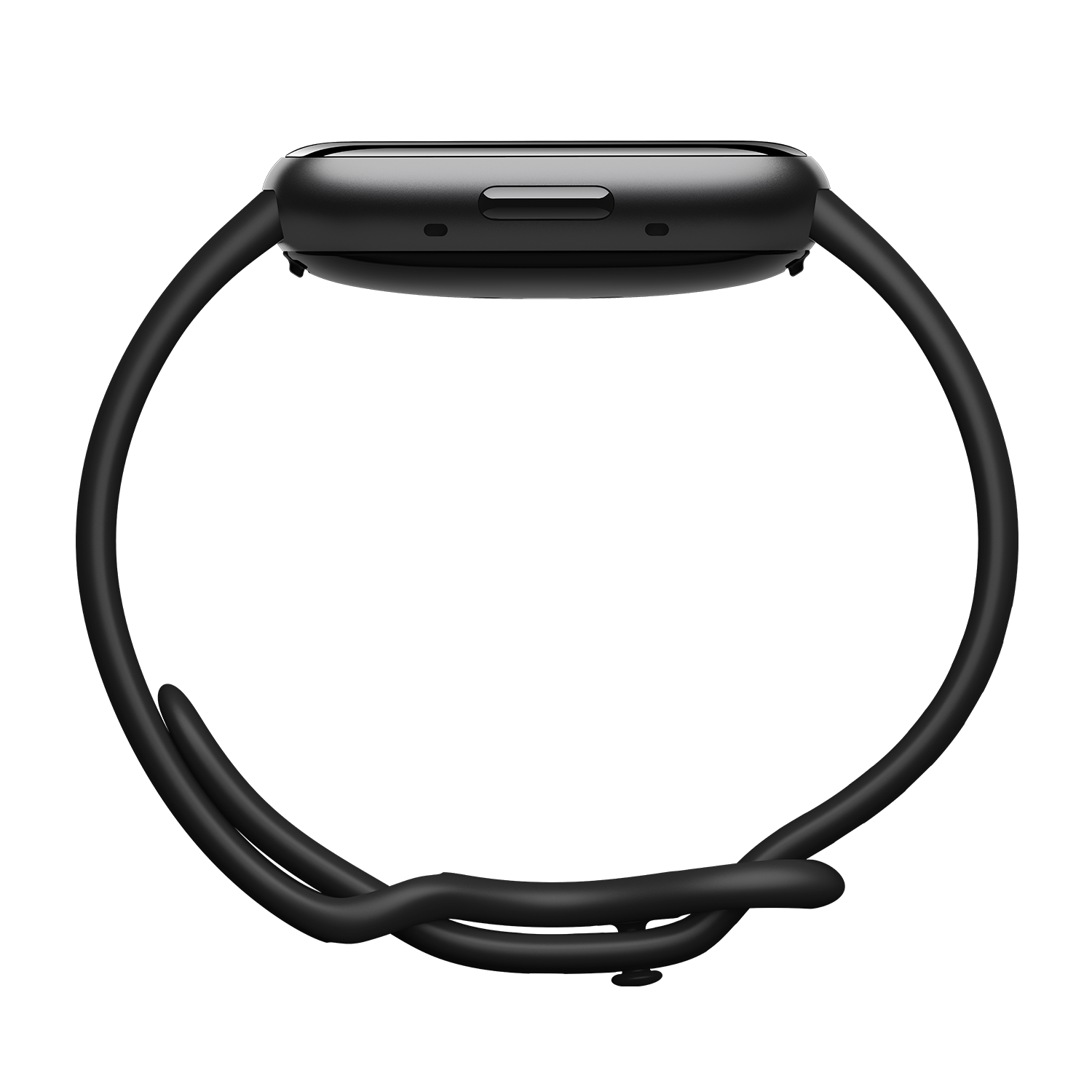 Black smartwatch with a black strap, on a black background.