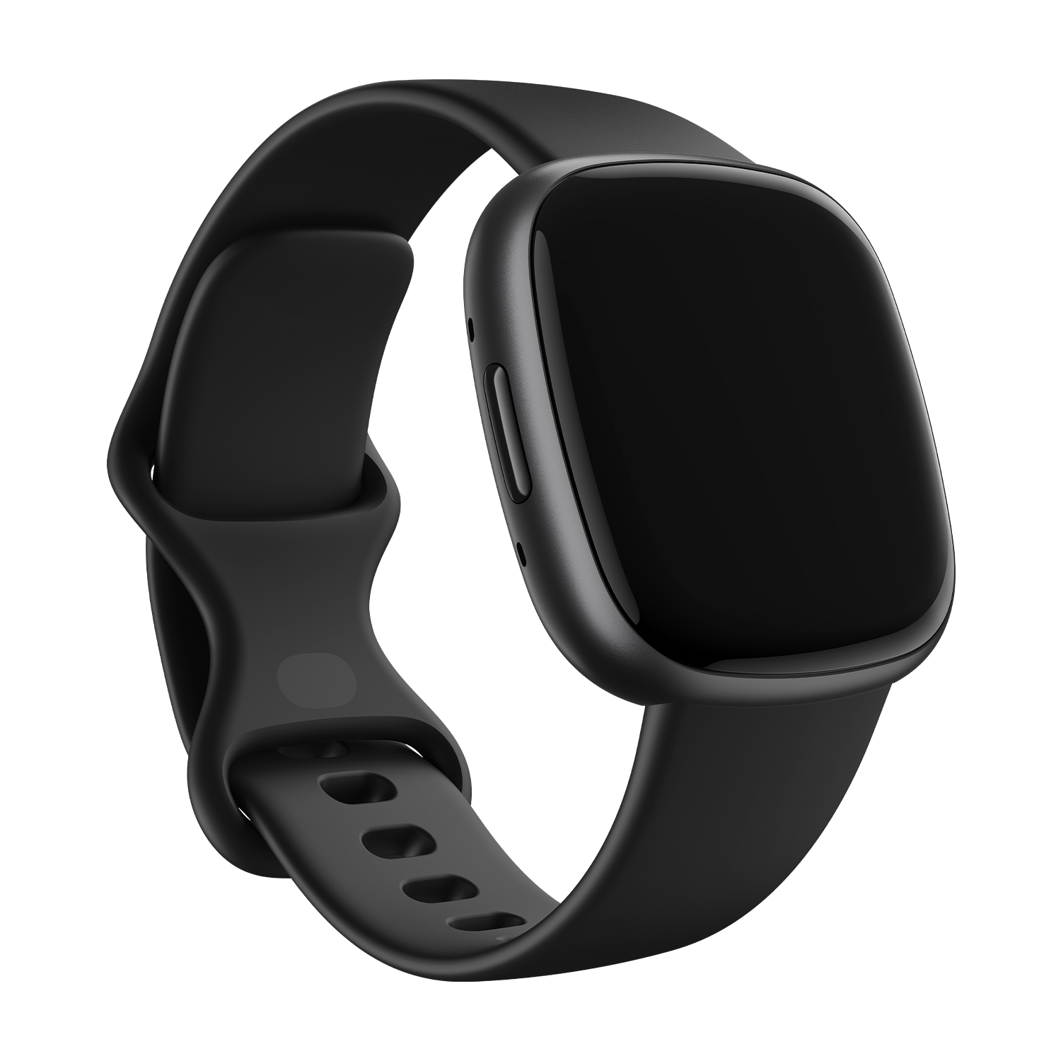 Black smartwatch with a black strap, black background.
