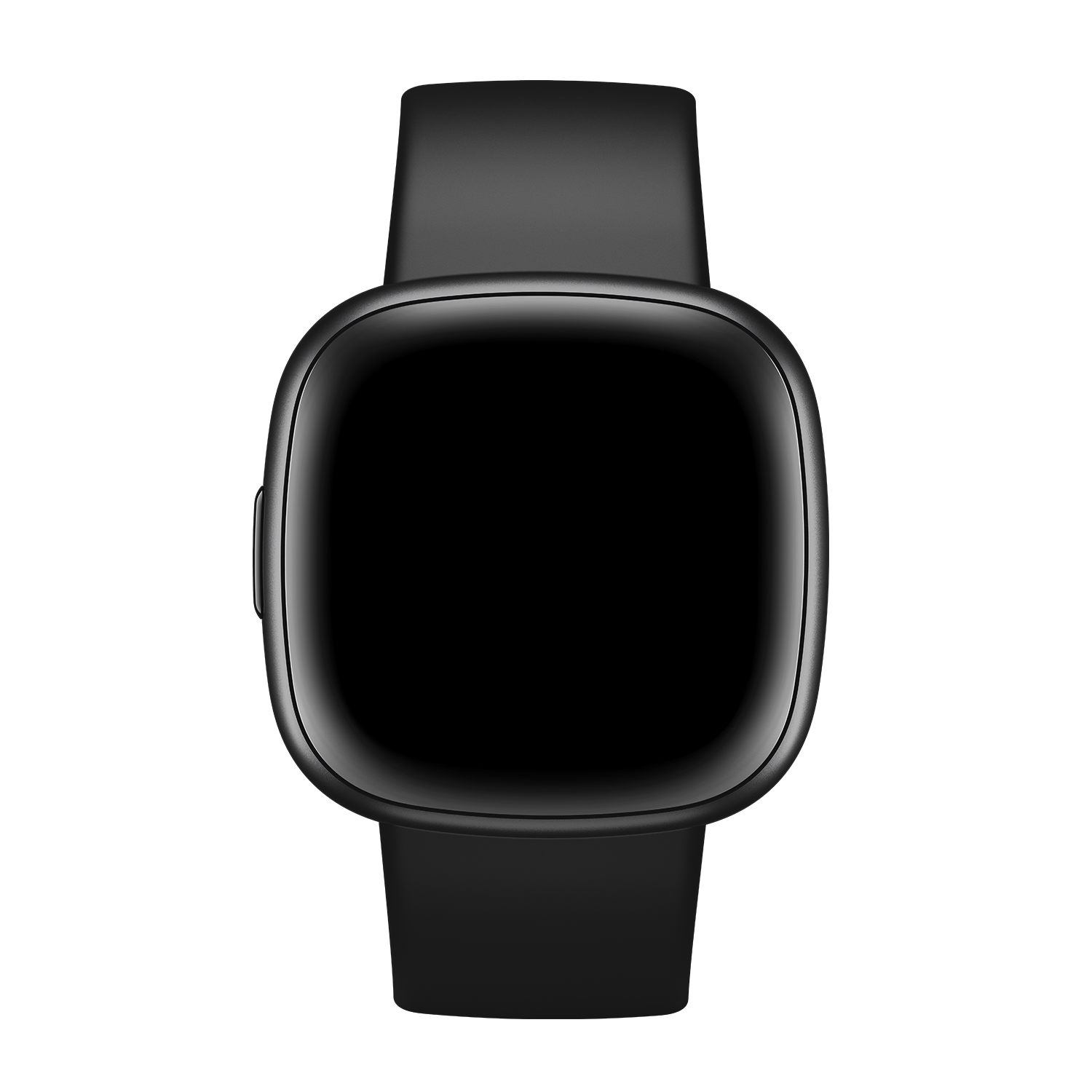 Black smartwatch on a black background. The screen is blank, the strap is also black.