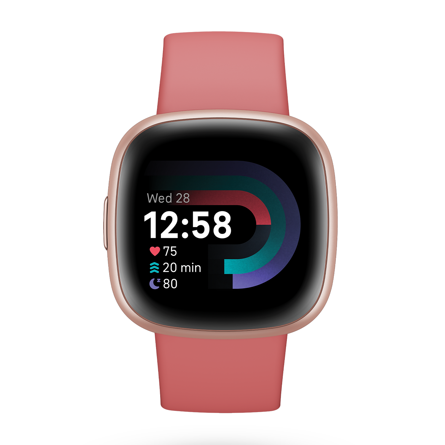 Rose gold smartwatch with a coral strap, displaying time, heart rate, and other health metrics.
