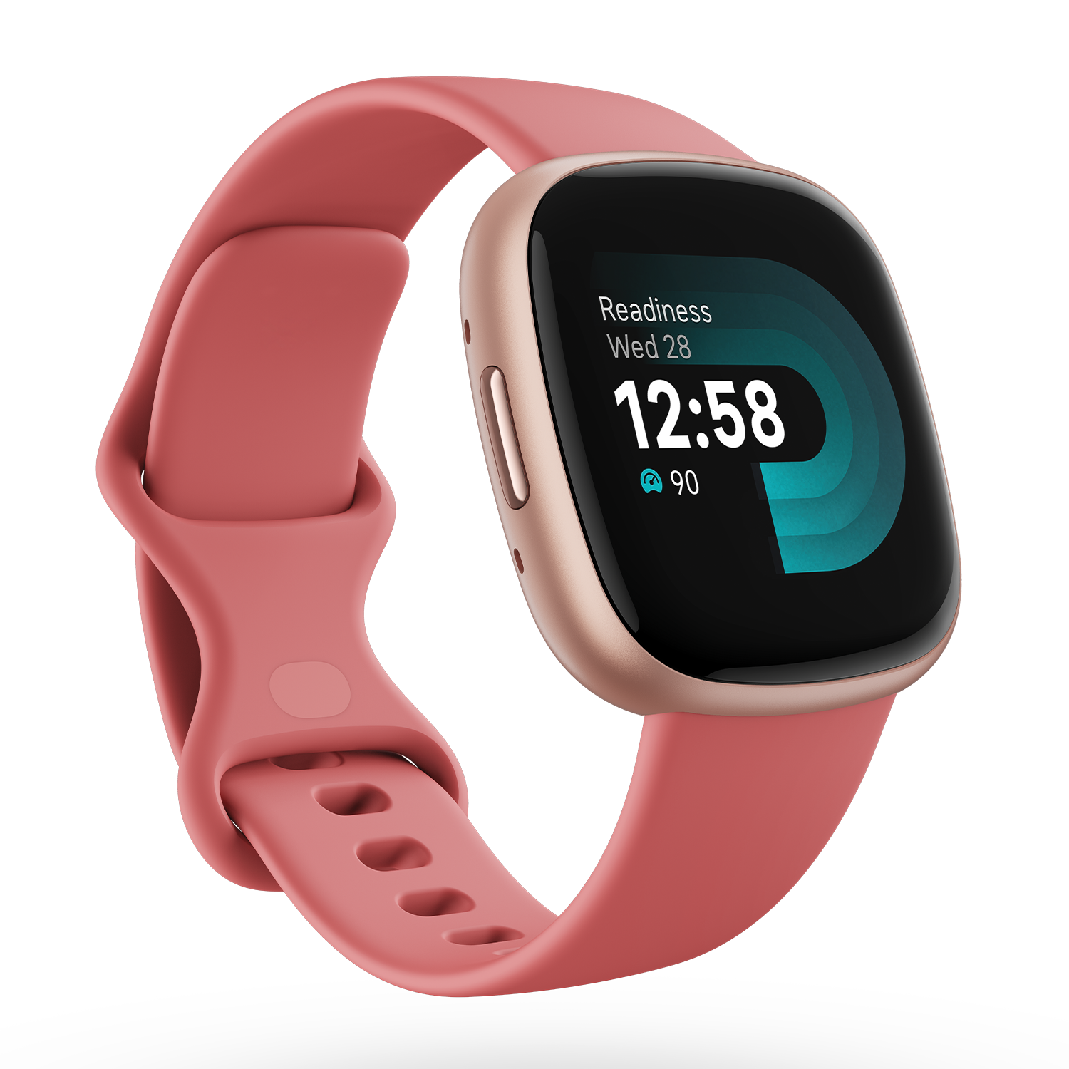 Pink smartwatch with a rose gold case. The screen displays the time and readiness info.