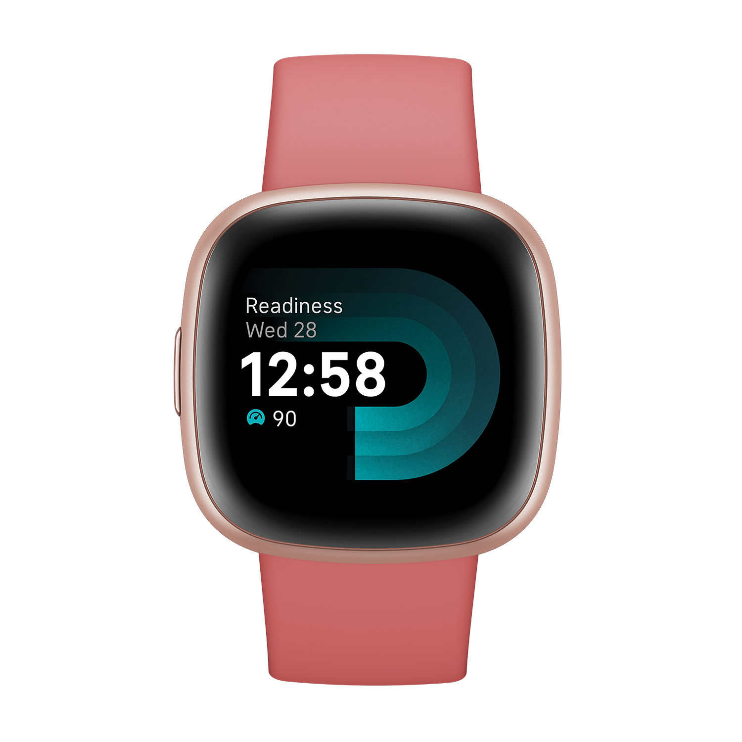 Smartwatch with a rose gold case and a pink strap. Shows the time and heart rate.