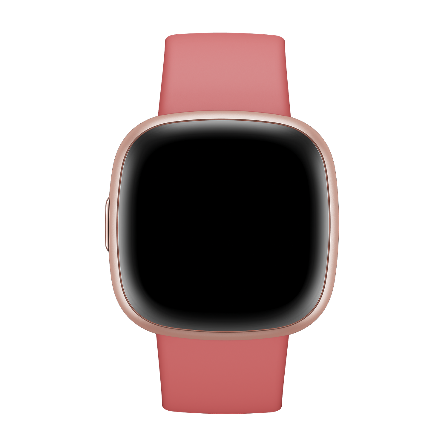 A Fitbit Versa smartwatch with a rose gold case and a pink band against black.