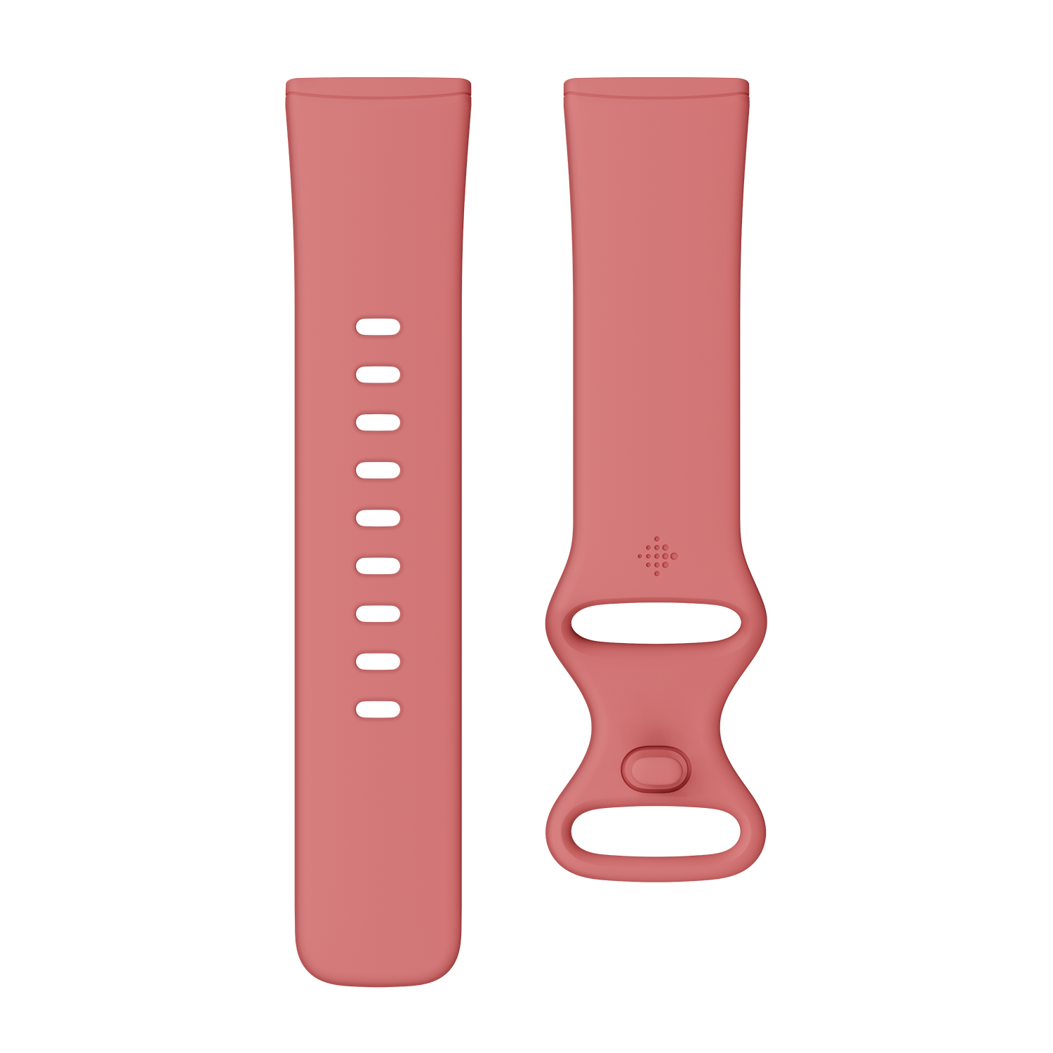 Two pink watch bands. The one on the left has holes, the right one has a clasp.