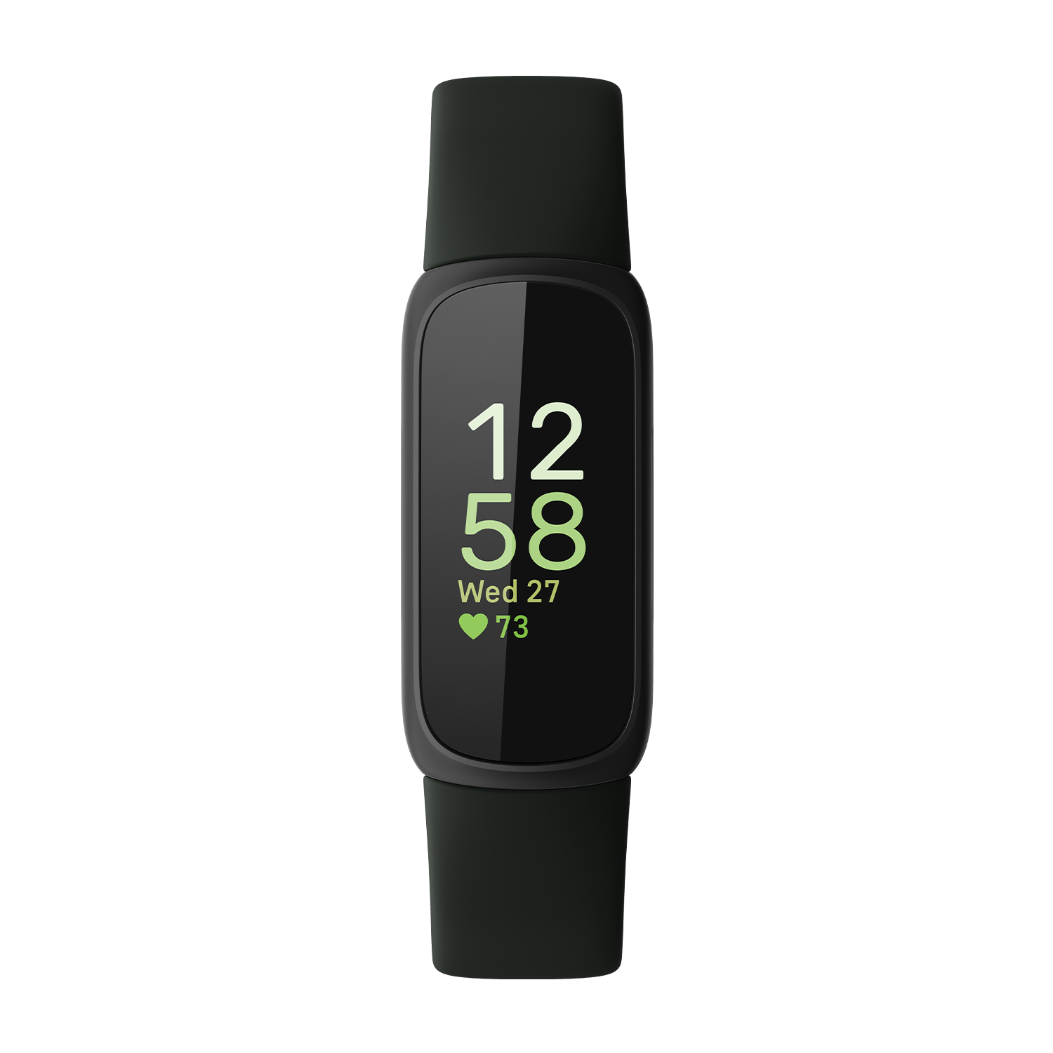 A black smartwatch with a rectangular screen displaying time and heart rate.