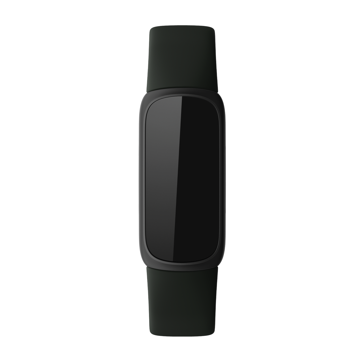 A black fitness tracker with a rectangular screen and a black strap.
