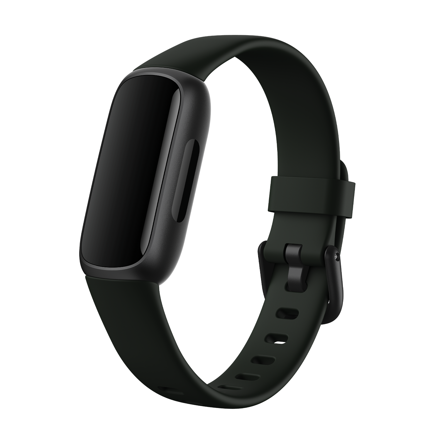 Black fitness tracker watch with a dark green band, set against a black background.