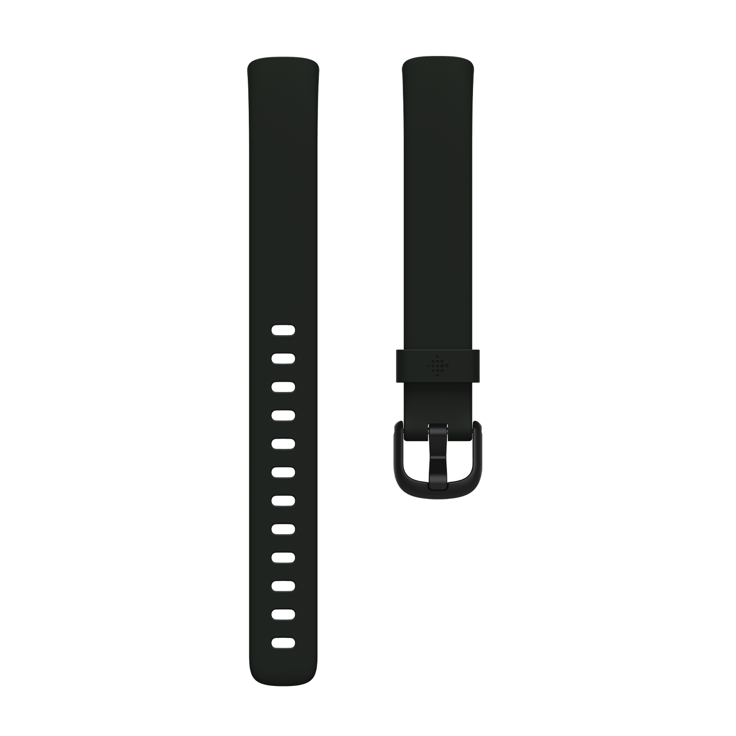 Two dark green Fitbit watch straps laid out against a black background.