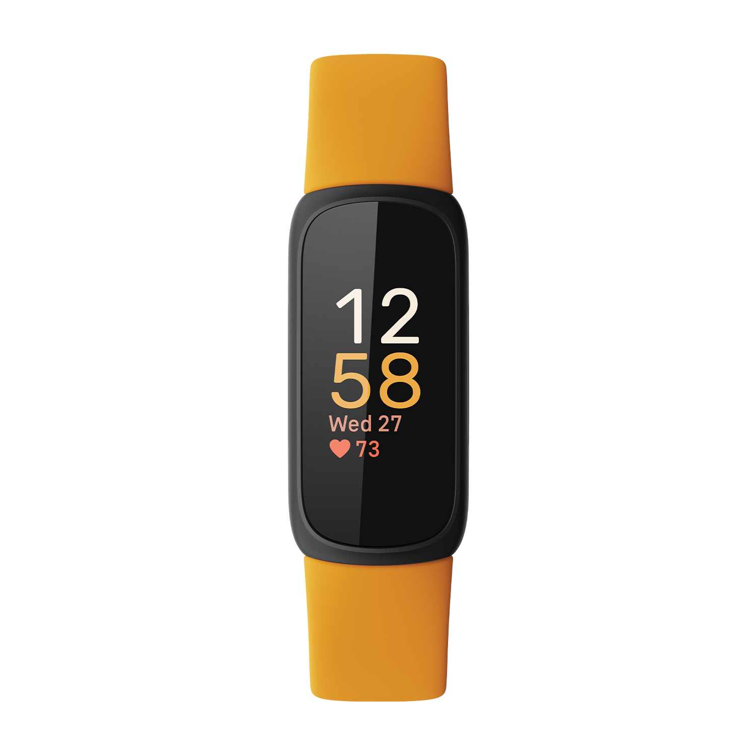 Smartwatch with orange band, black screen showing time and heart rate.