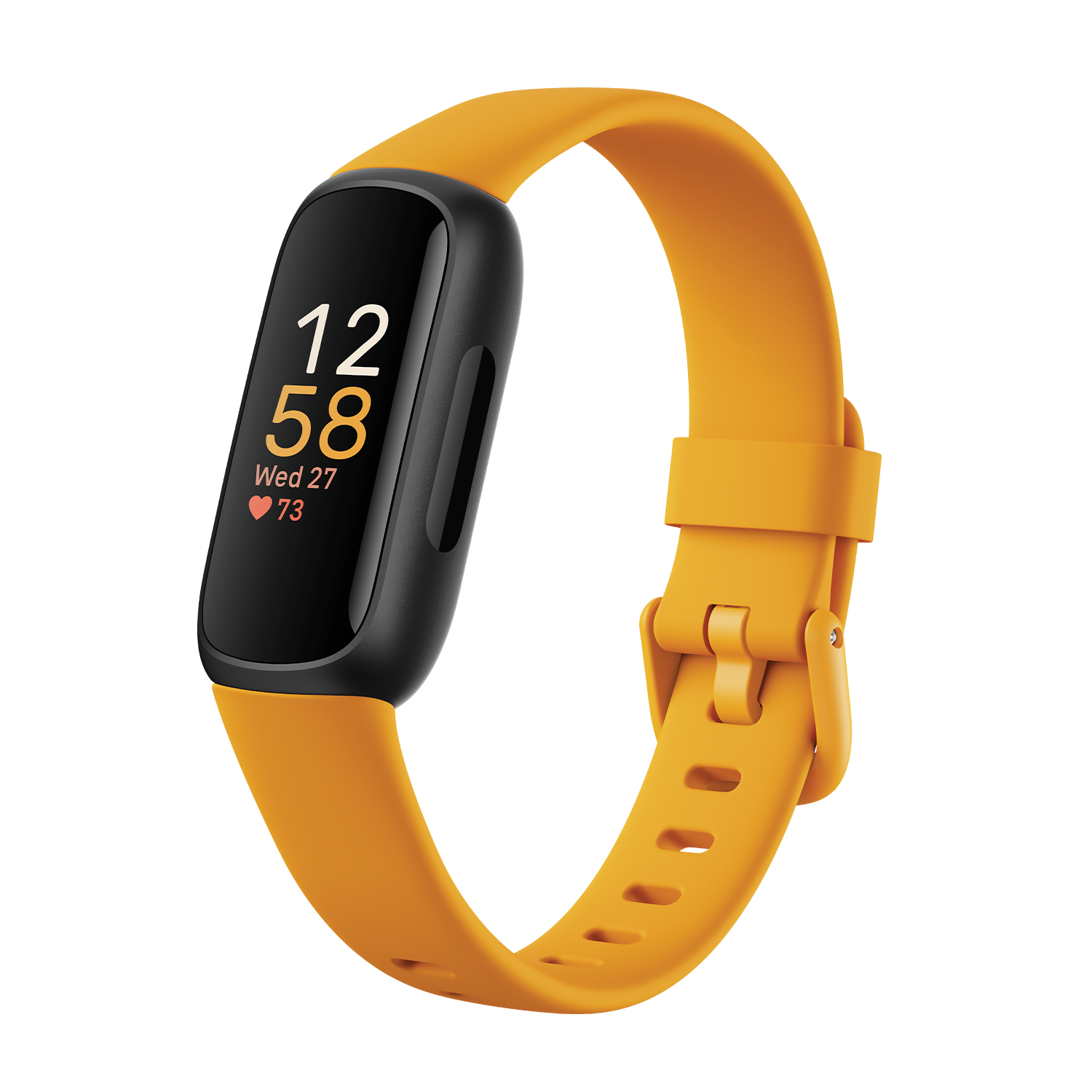 An orange fitness tracker with a black screen showing time, heart rate, and date on black background.