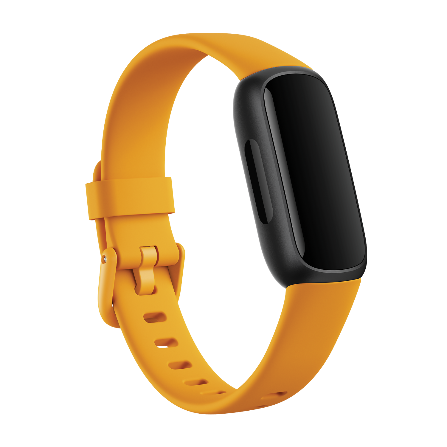 Orange smartwatch with a black screen and band, clasped on the left side.