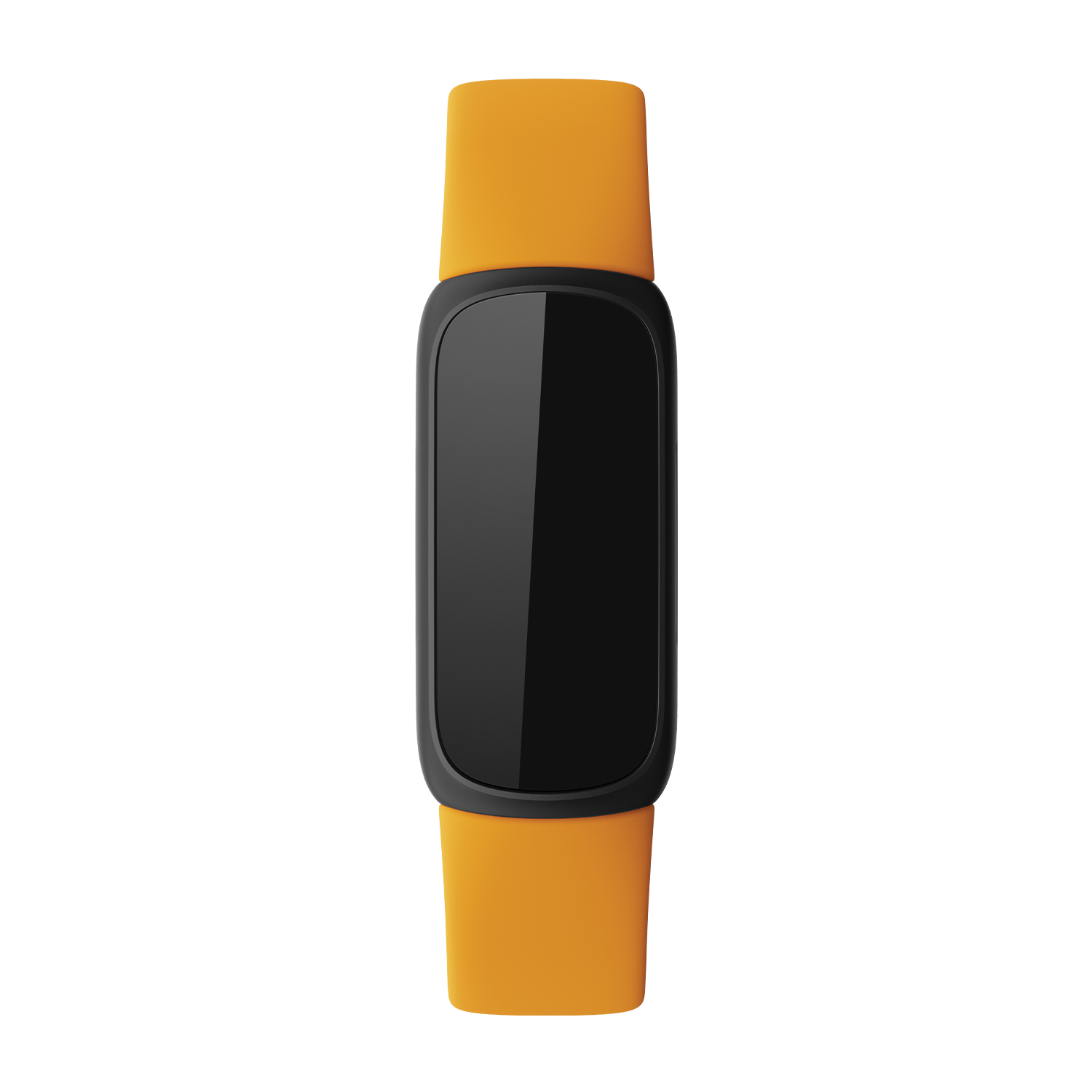 Orange fitness tracker with black screen, on black background.