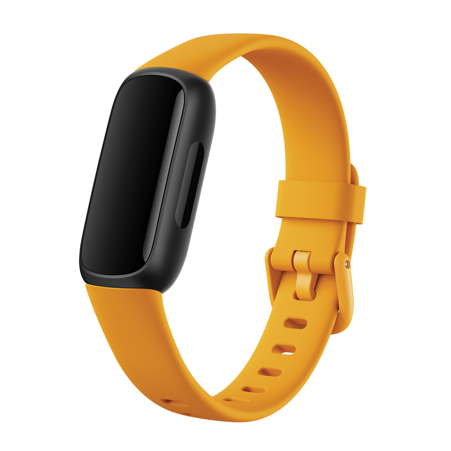 Orange fitness tracker watch with a black screen, isolated view.