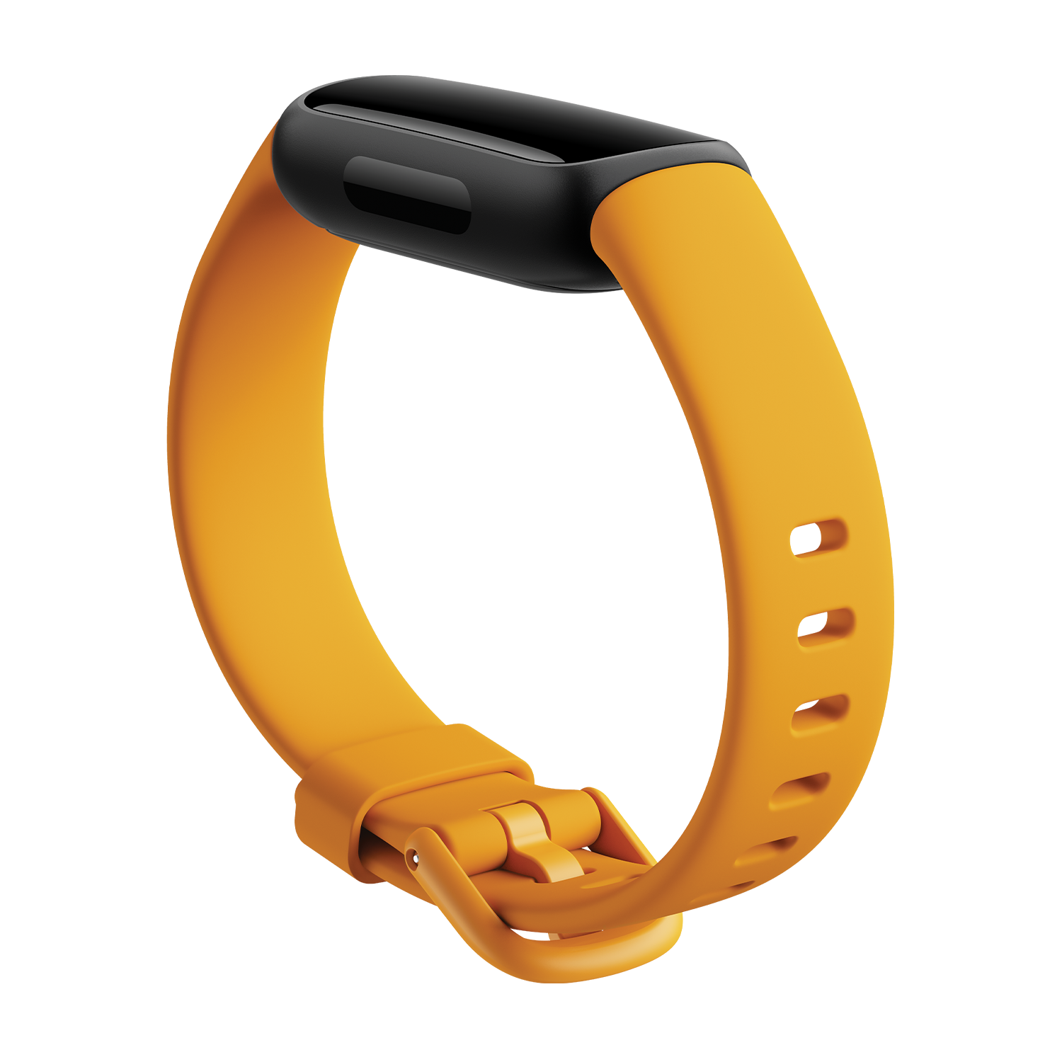 Orange fitness tracker with a black top. It is on a black background.