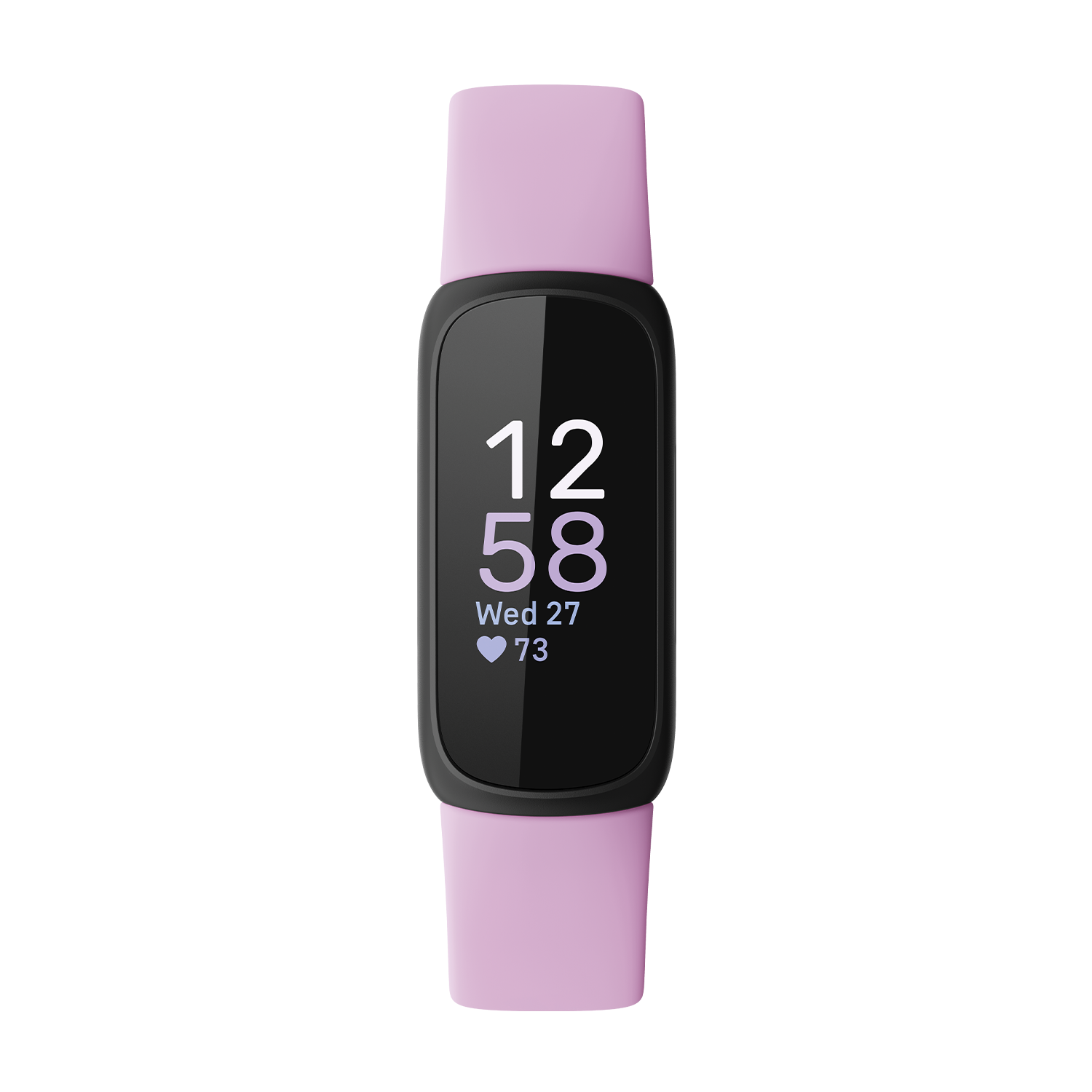 Pink Fitbit Inspire 3, displaying time, day and heart rate on a black screen, black background.