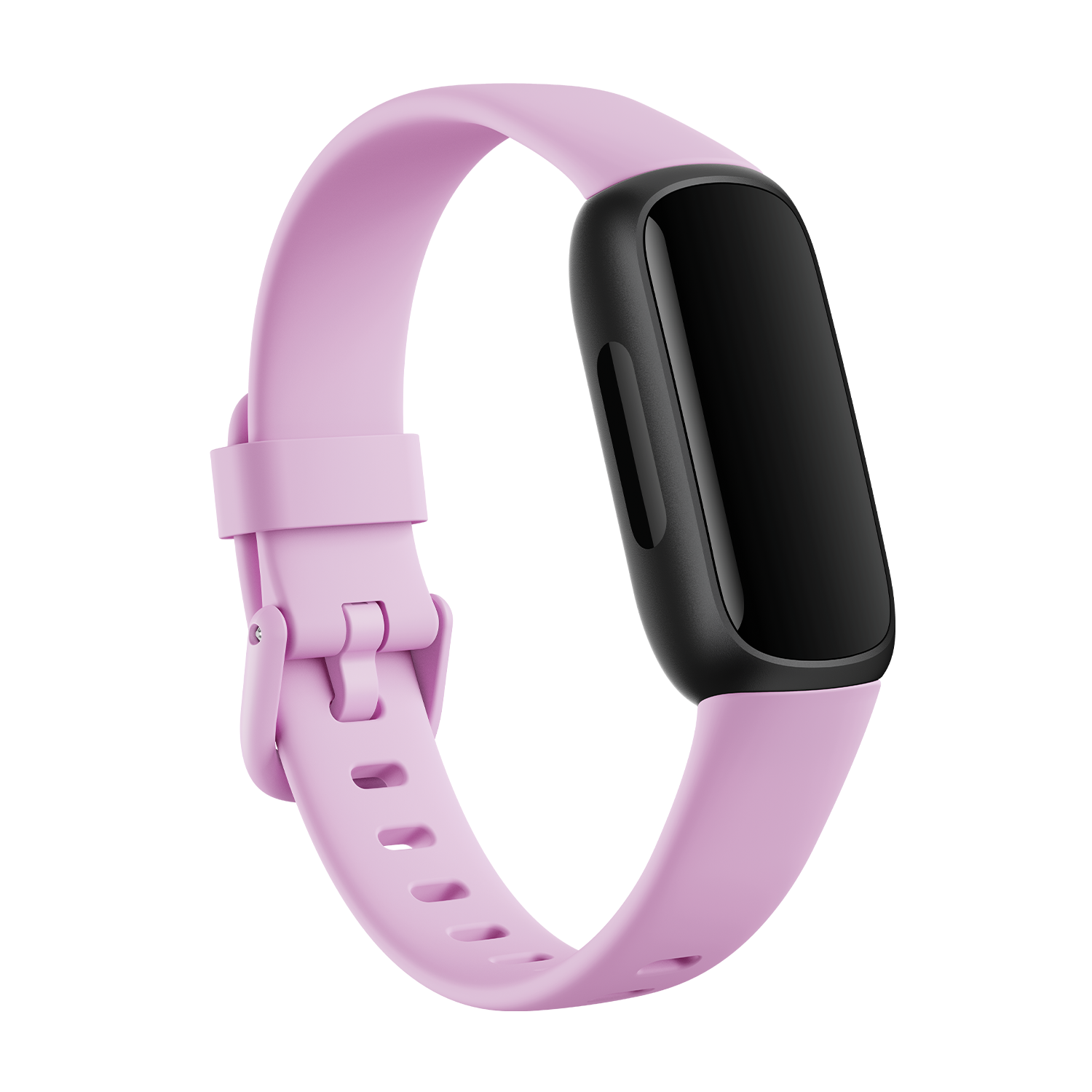 Pink fitness tracker with black screen and band. Black background, top view.