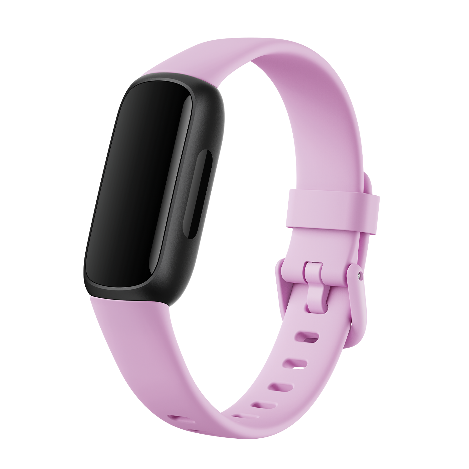 A pink Fitbit fitness tracker with a black screen and a matching pink strap.