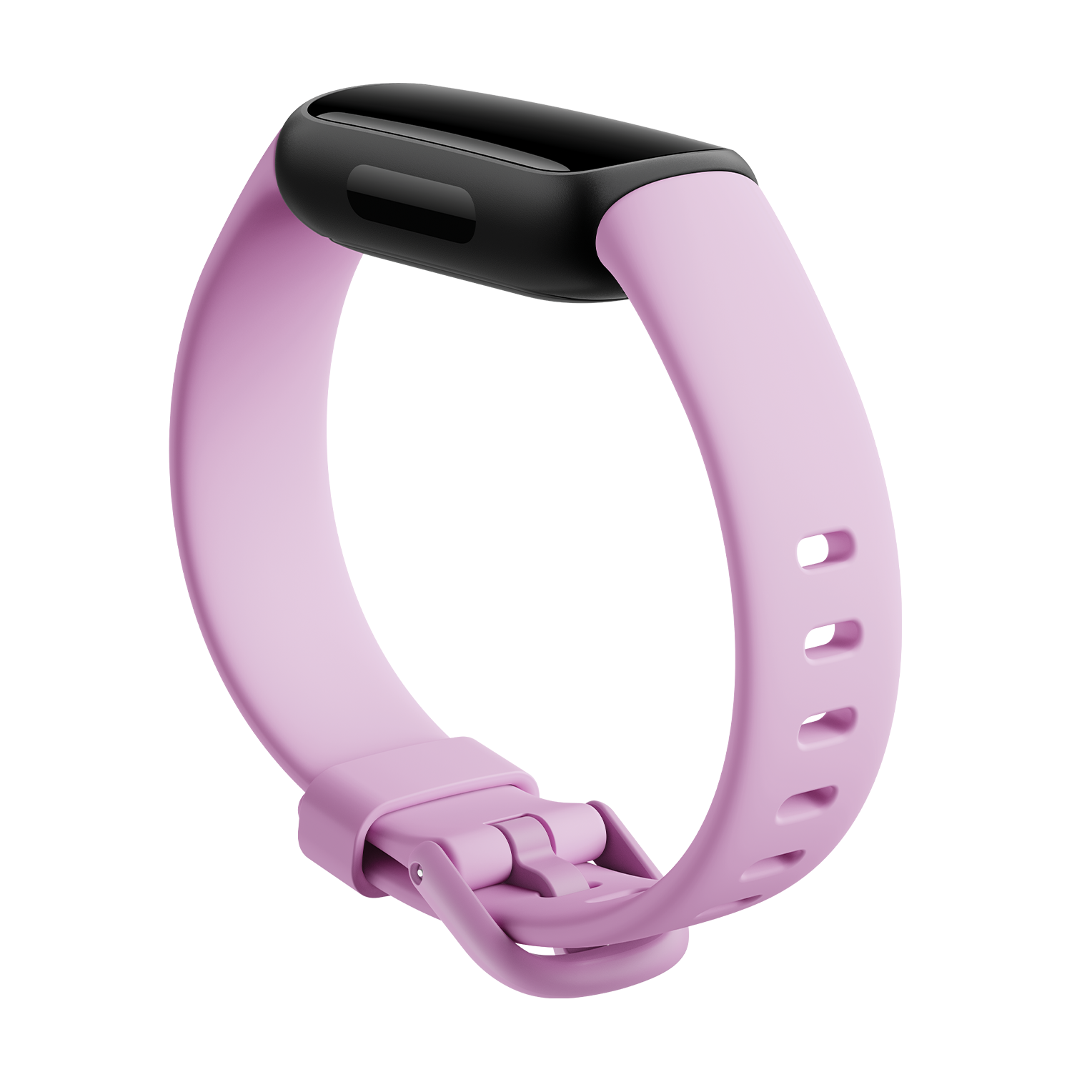 A pink fitness tracker on a black background, showing the band and the device body.