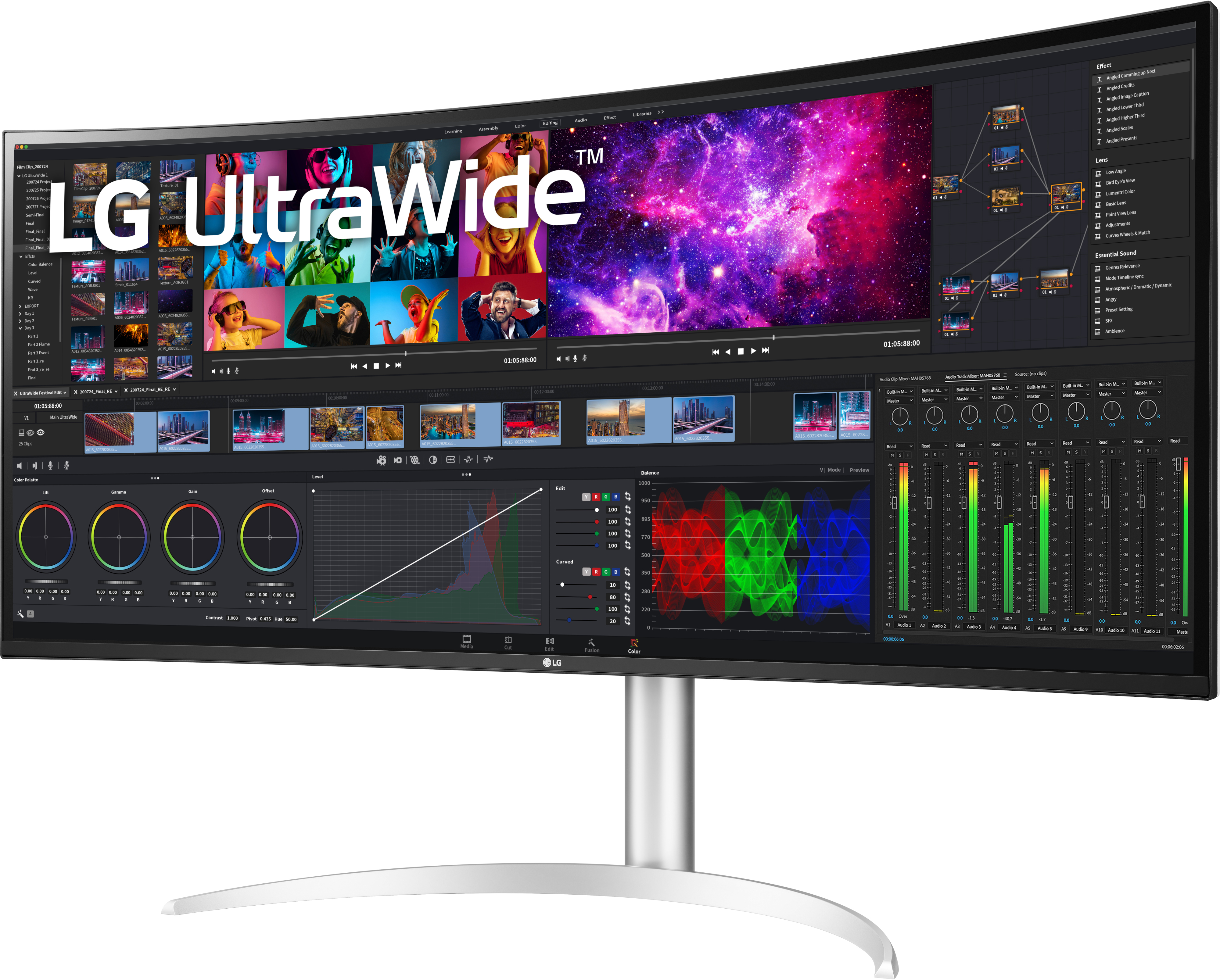 Ein ultra-breiter LG-Monitor zeigt einen farbenfrohen Bildschirm mit Video-Editing-Software.
