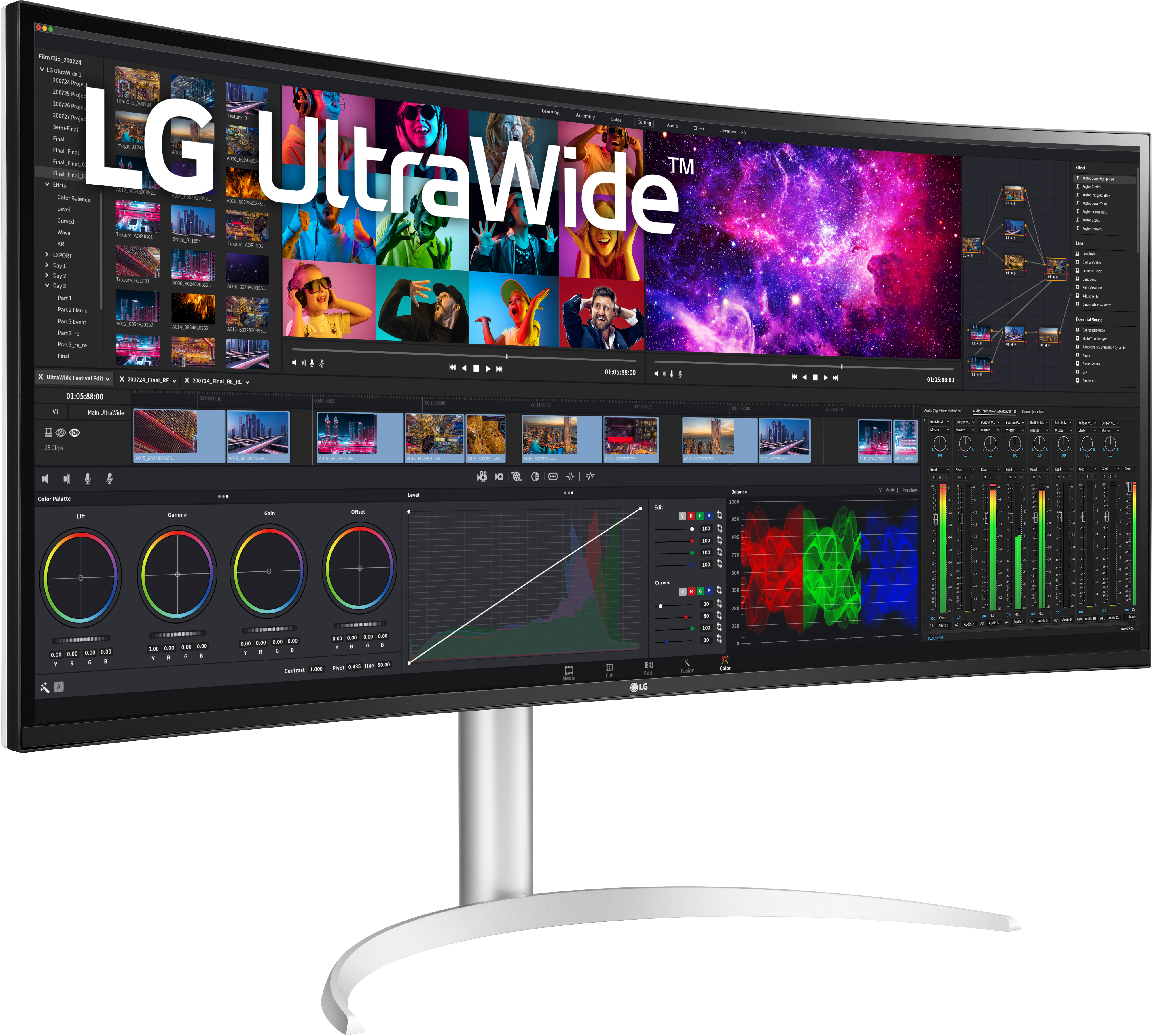 Ein LG UltraWide Curved Monitor, der eine Videoschnittstelle mit Farbkorrekturwerkzeugen anzeigt.