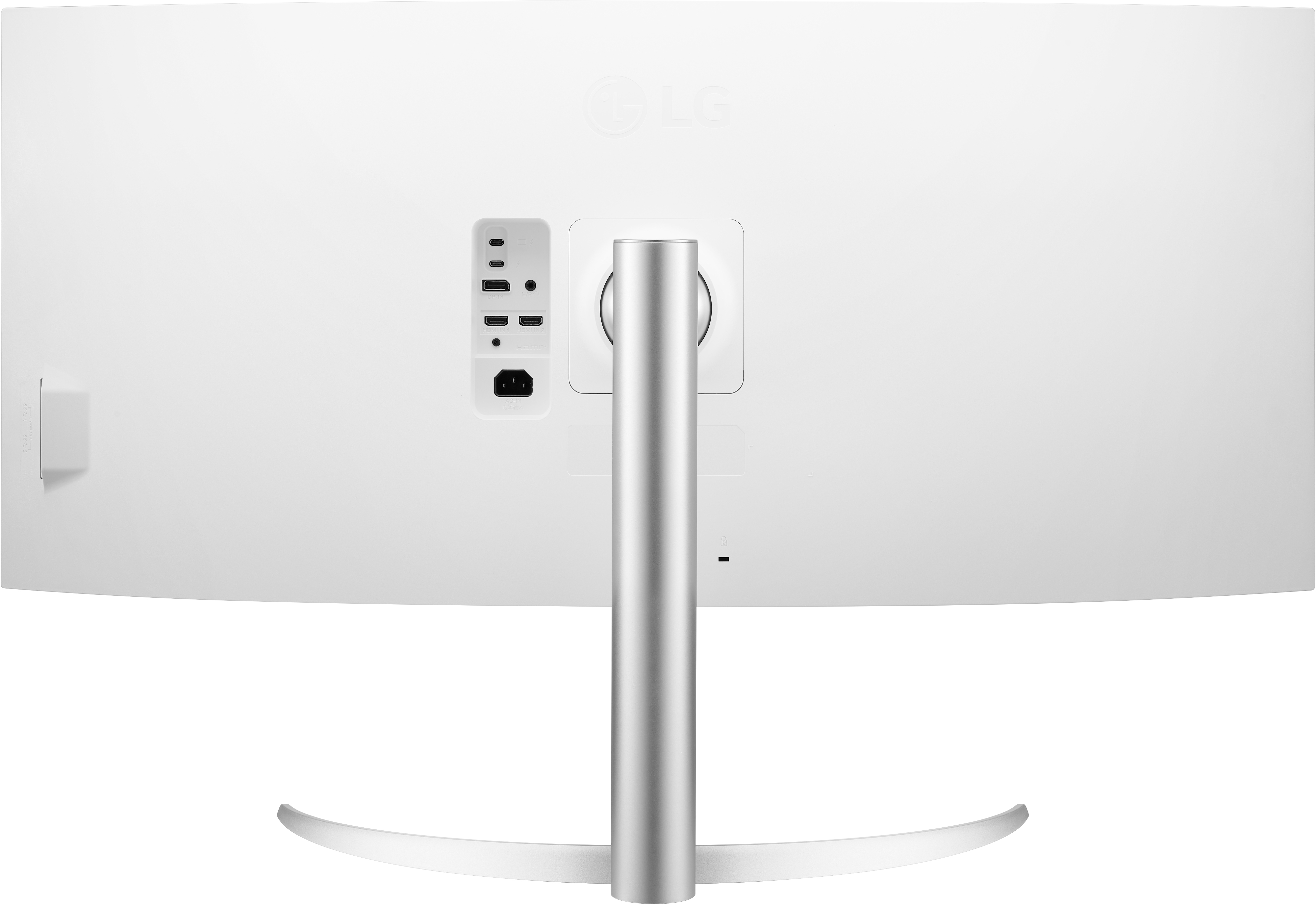 Rückansicht eines weißen Ultra-Wide-Computermonitors mit Anschlüssen und Metallständer.