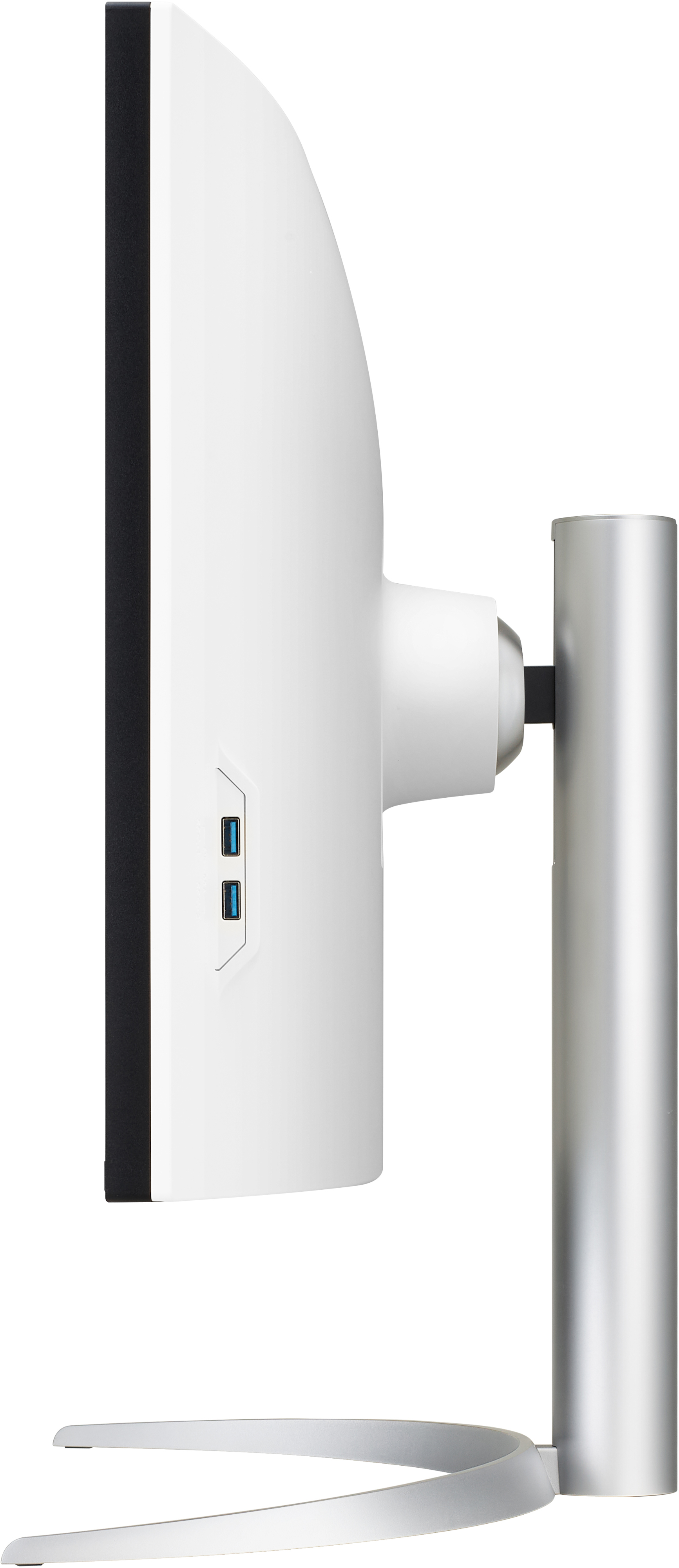 Seitenansicht eines weißen Computermonitors mit silbernem Ständer und USB-Anschlüssen.