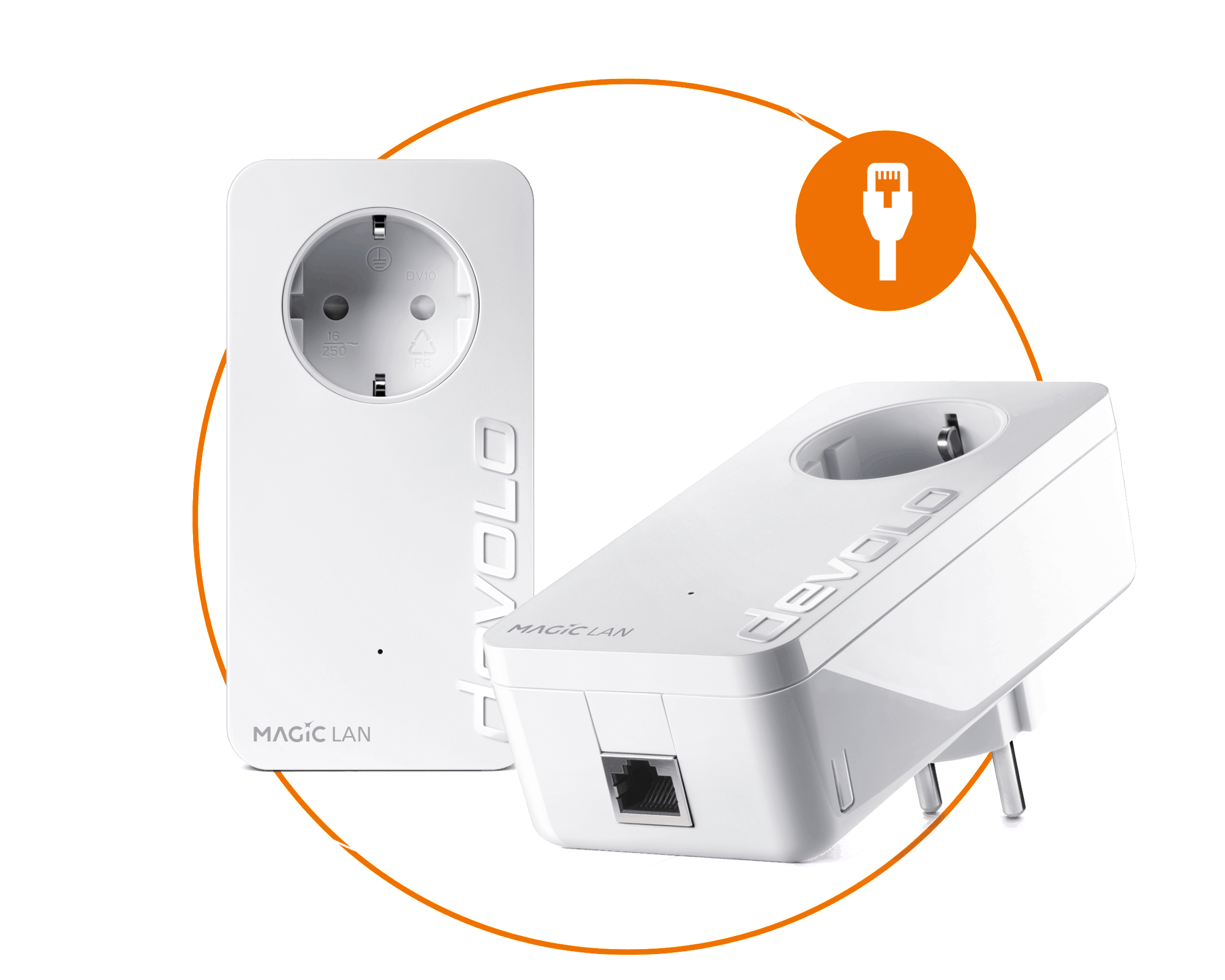 Zwei weiße Powerline-Adapter, einer eingesteckt, mit einem orangefarbenen Kreis.