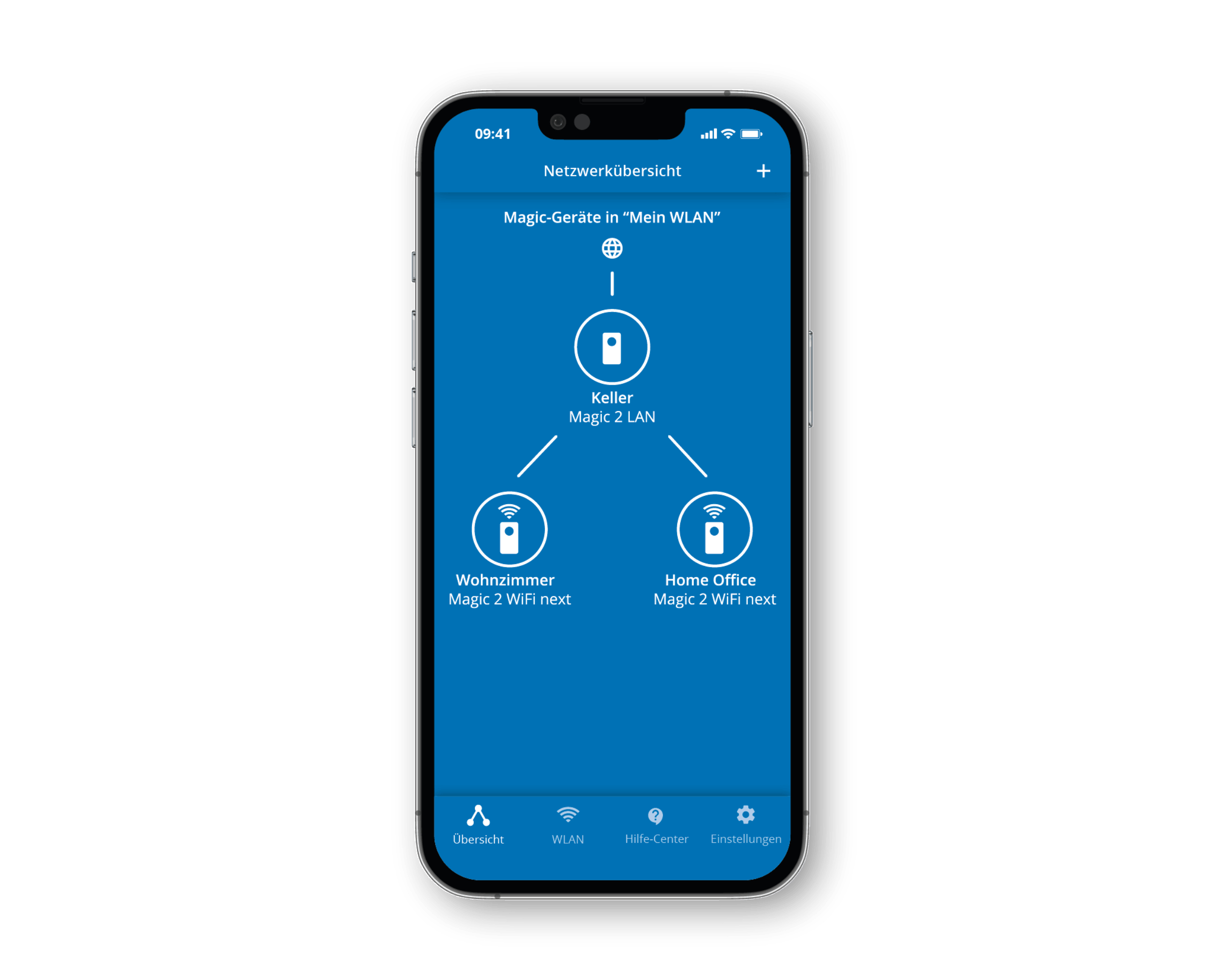 Smartphone-Bildschirm mit Netzwerkdiagramm verbundener Geräte auf blauem Hintergrund.
