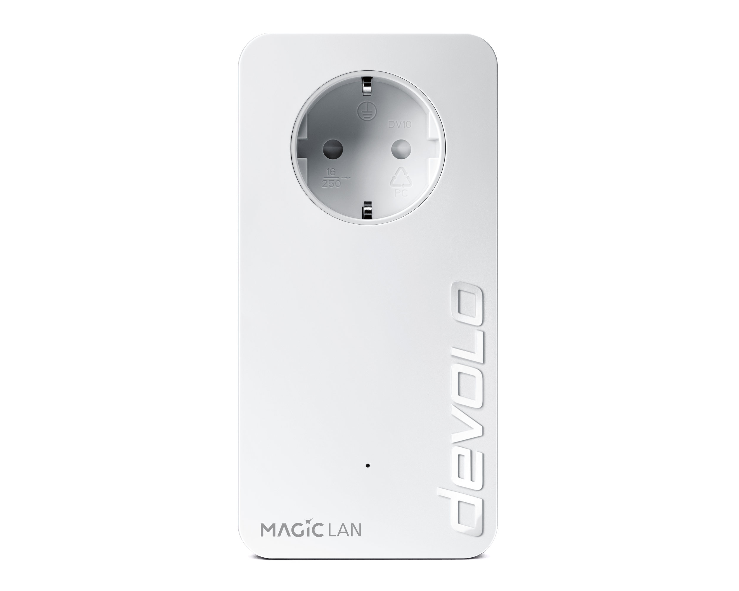Weißer Powerline-Adapter mit Steckdose, beschriftet mit dem Wort 'devolo'.