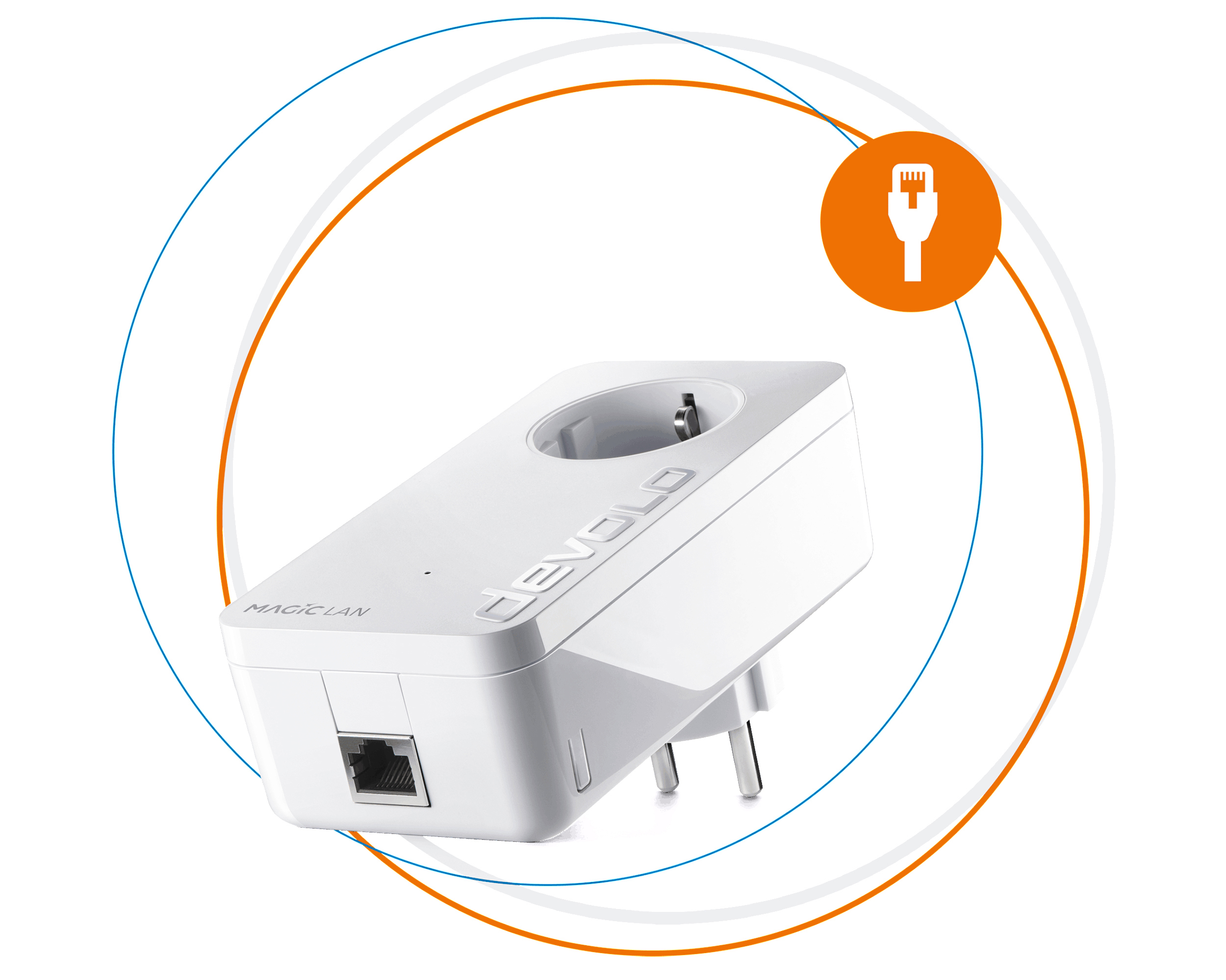 Ein weißer devolo Magic LAN-Adapter mit Stecker und Ethernet-Anschluss. Eine orange Linie umgibt ihn.