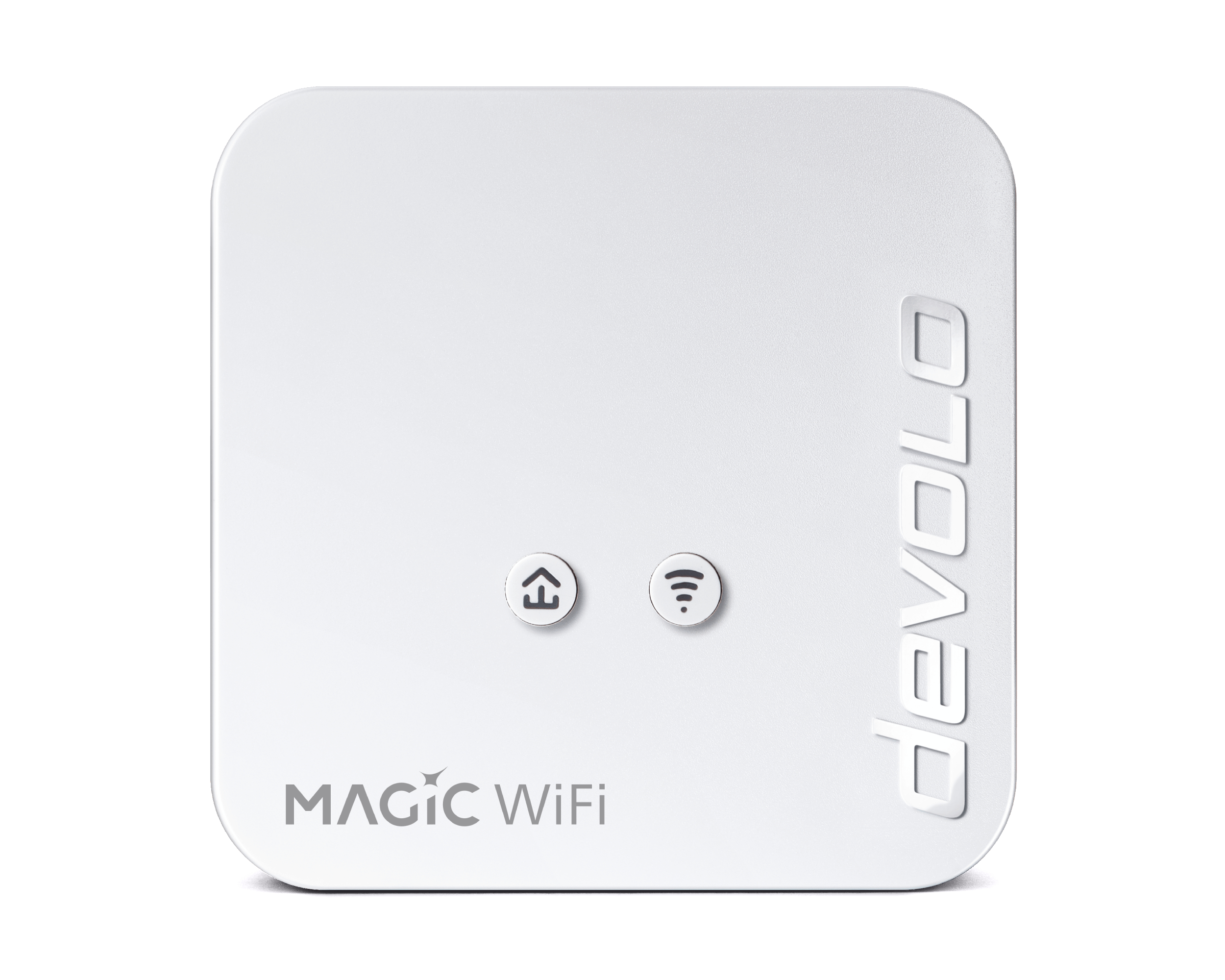 Weißes quadratisches Devolo Magic WiFi-Gerät mit zwei Tasten und dem Devolo-Logo.