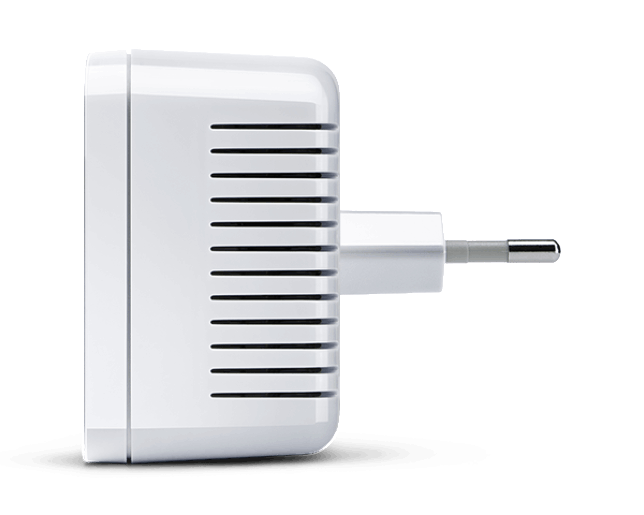 Ein weißer Netzadapter mit EU-Stecker. Er ist rechteckig mit Lüftungsschlitzen.