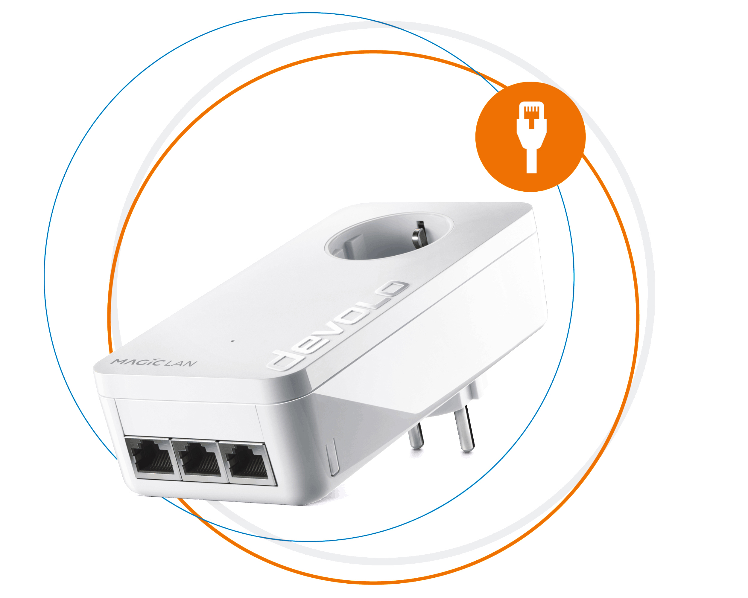 Weißer devolo MAGIC LAN-Adapter mit drei Anschlüssen und Stecker, umgeben von blauen und orangen Kreisen.