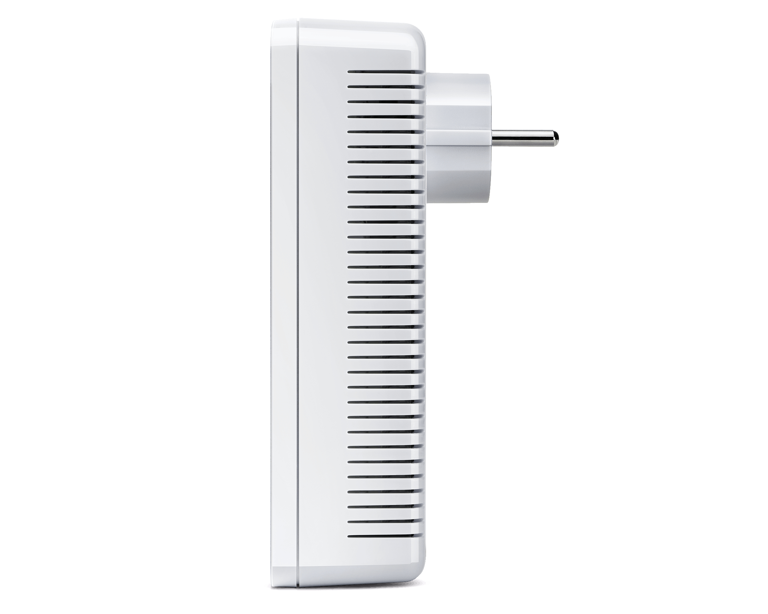 Weißer Powerline-Adapter mit vertikalen Lüftungsschlitzen und Eurostecker.