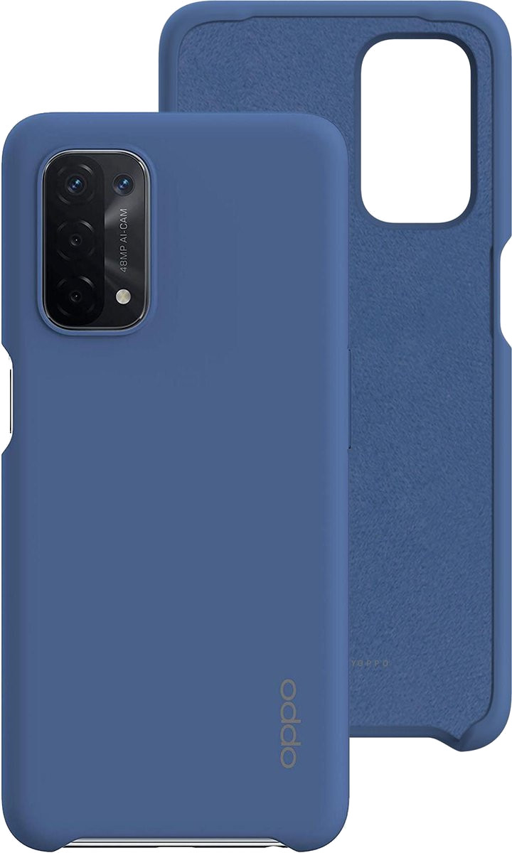 Blauwe telefoonhoes met cameradetails en merklogo, met een aparte hoes.