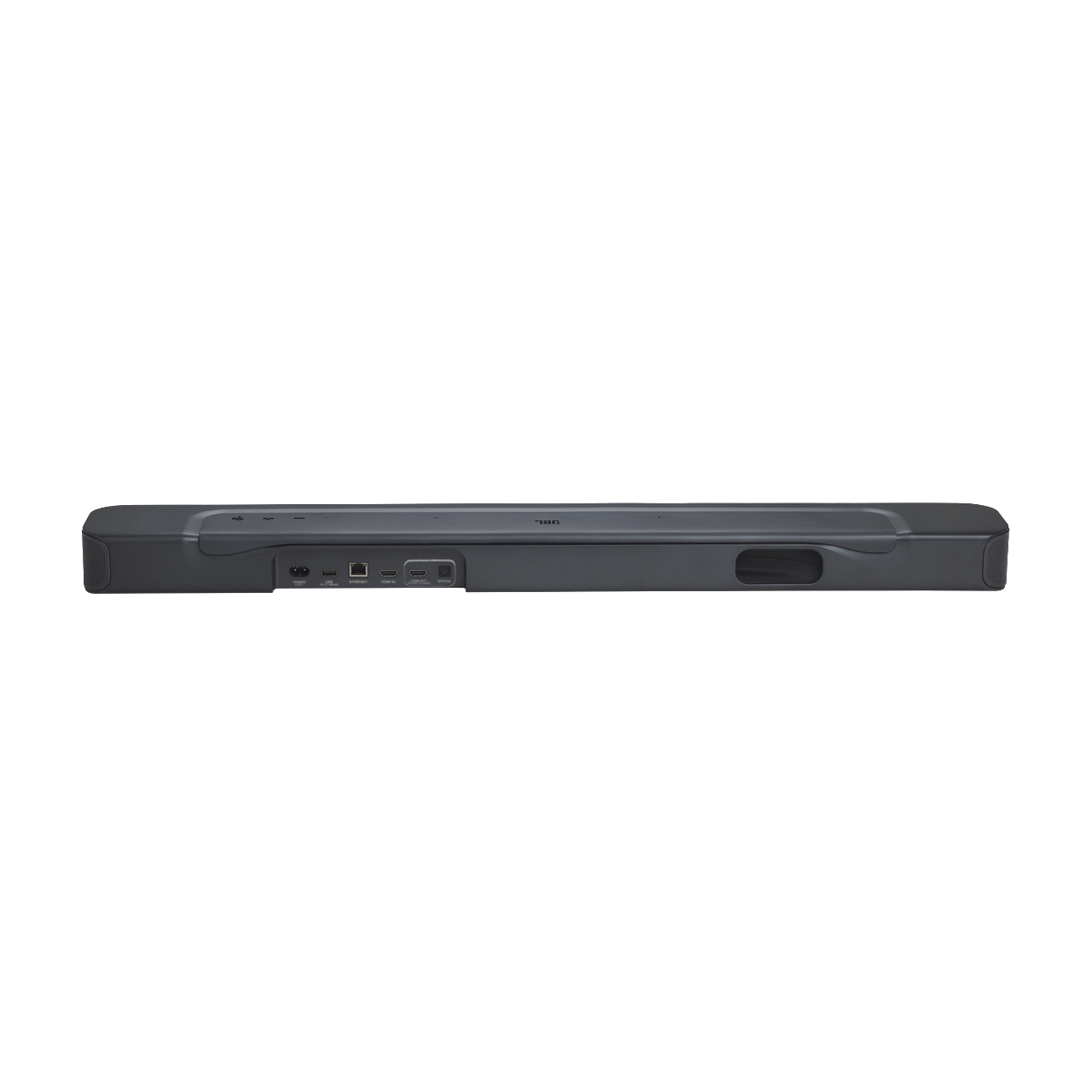 Eine dunkelgraue Soundbar mit verschiedenen Anschlüssen auf der Rückseite und schwarzer Vorderseite, isoliert.