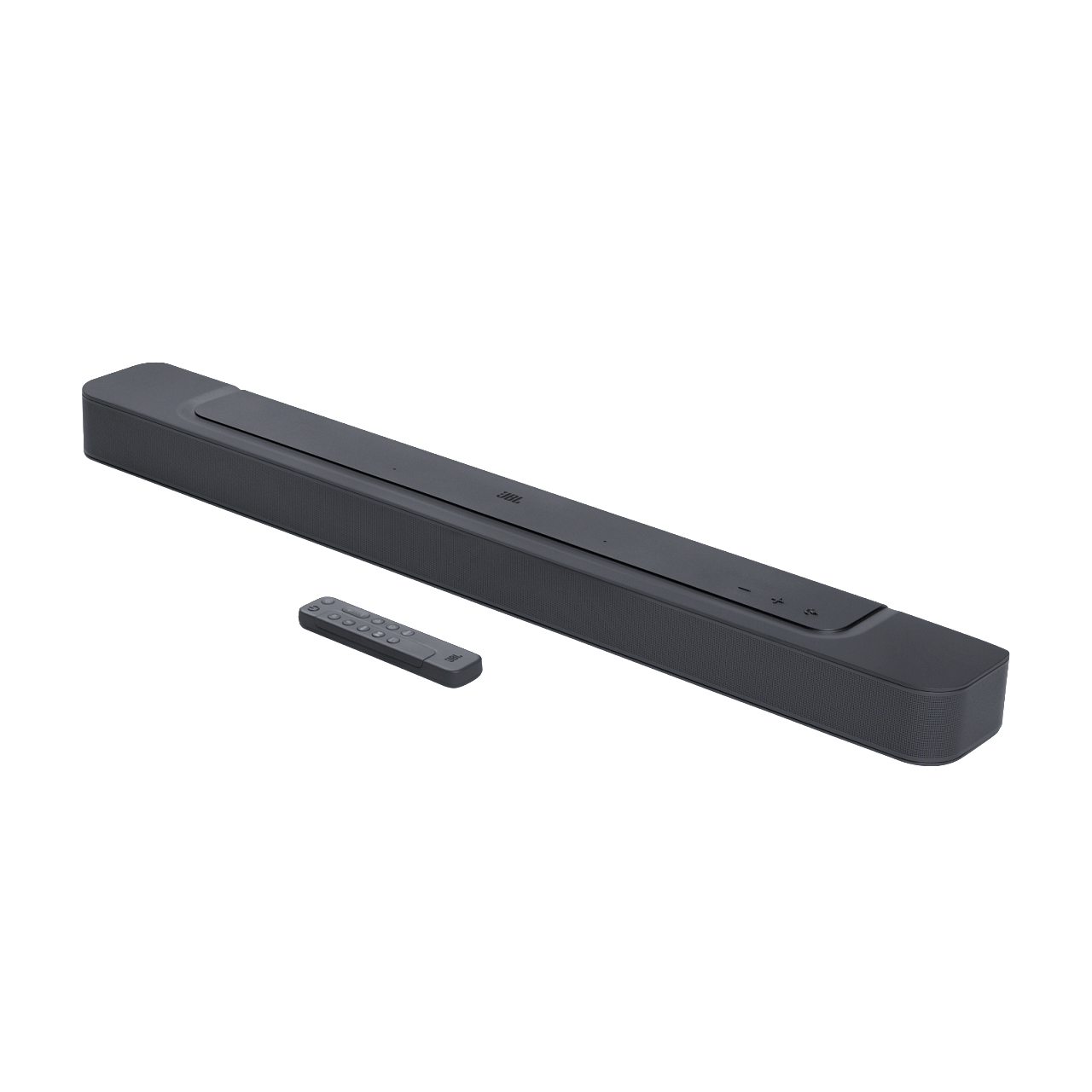 Eine JBL Soundbar und Fernbedienung auf weißem Untergrund.