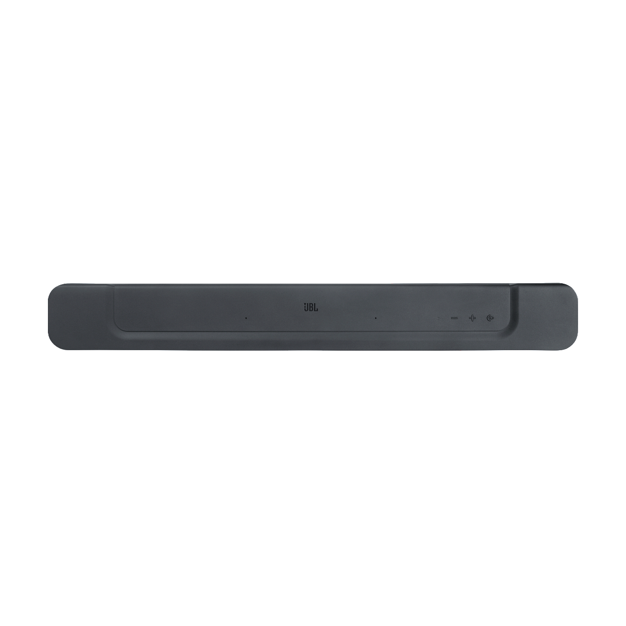 Dunkelgraue Soundbar mit Tasten und JBL-Logo.
