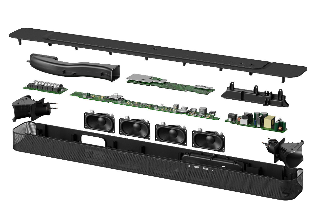 Soundbar Explosionsansicht: Lautsprecher, Schaltkreise und Rahmen.
