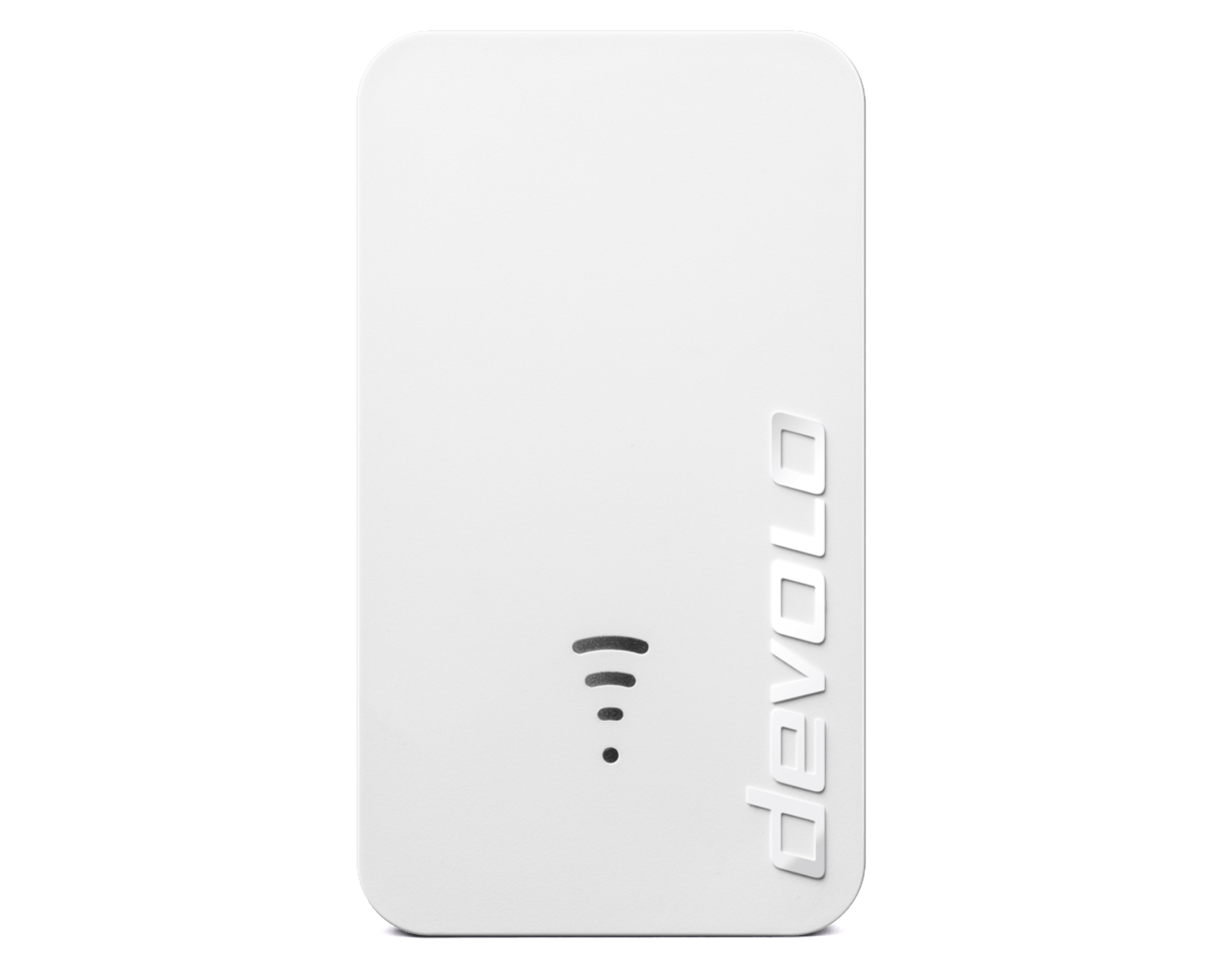 Weißes devolo-Gerät mit WLAN-Symbol und Logo auf weißem Hintergrund.