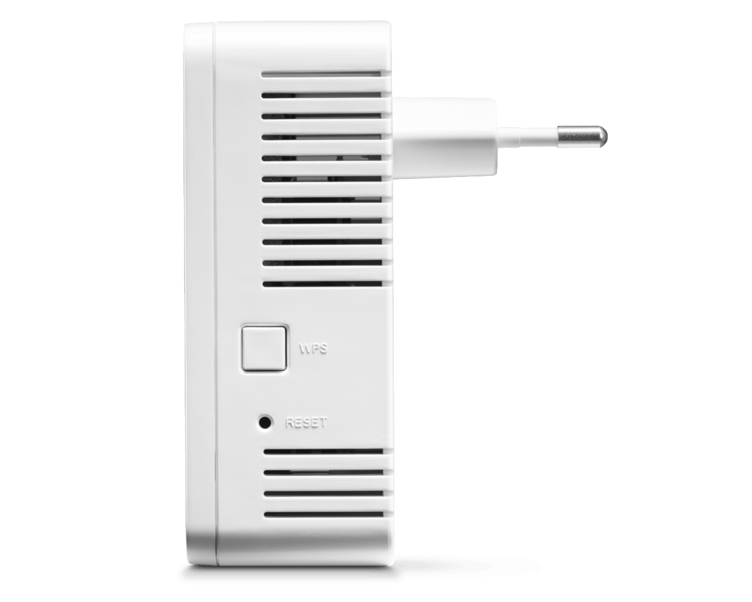 Weißer Powerline-Adapter mit Stecker. WPS- und Reset-Tasten sind sichtbar.