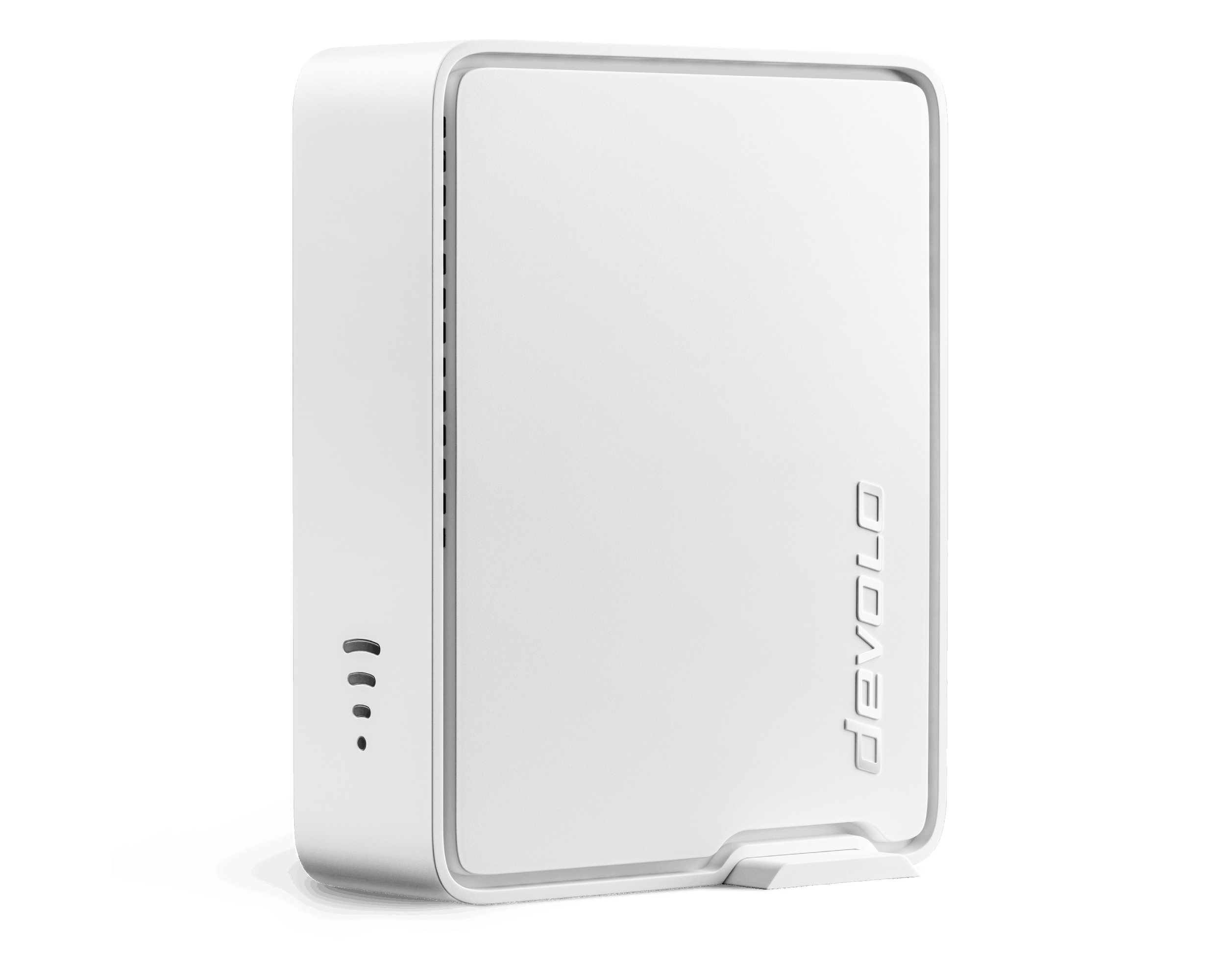 Weißer devolo Powerline-Adapter, der aufrecht steht. Das Gerät hat ein schlankes, modernes Design.