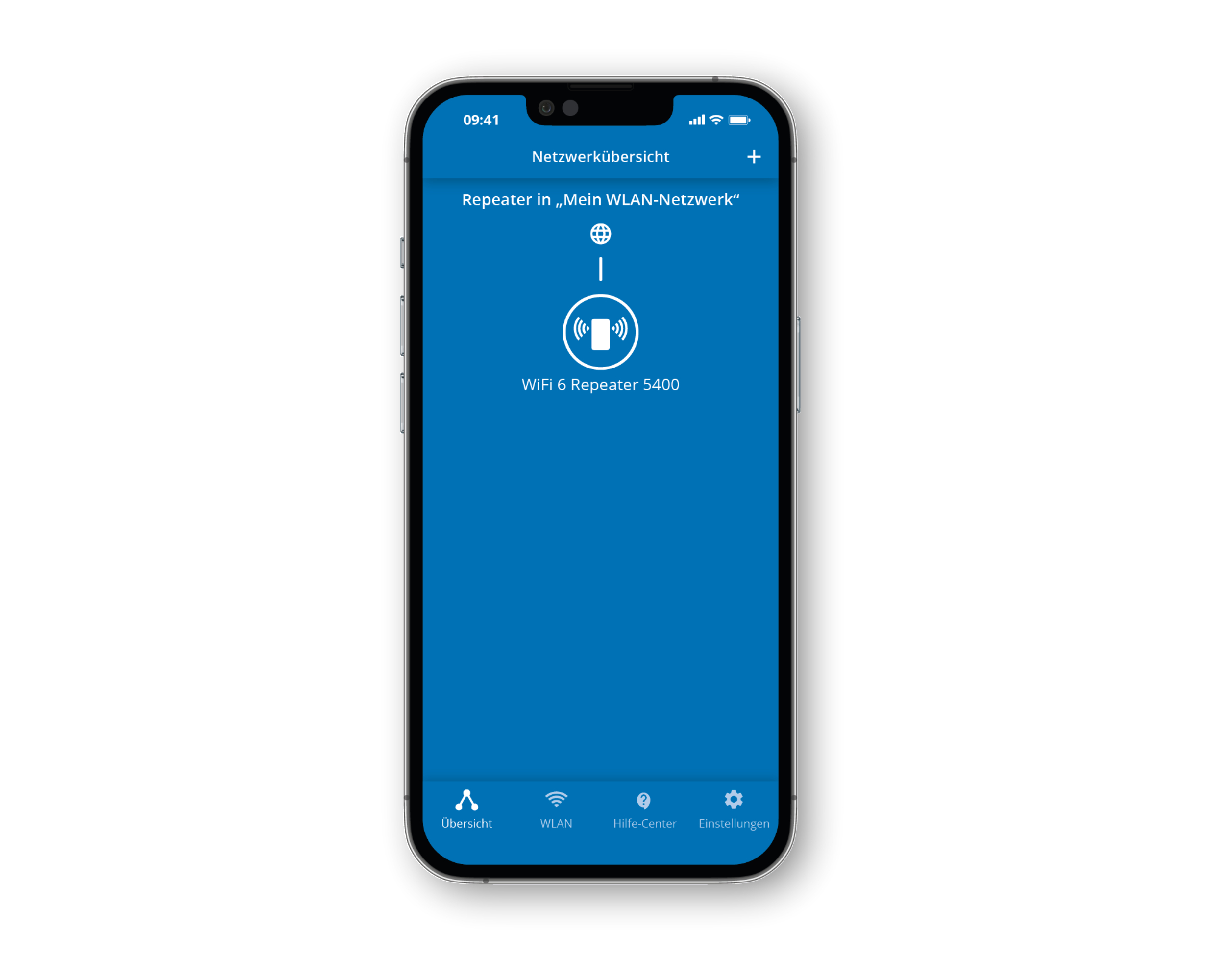 Smartphone zeigt einen blauen Bildschirm mit einem Wifi 6 Repeater 5400.
