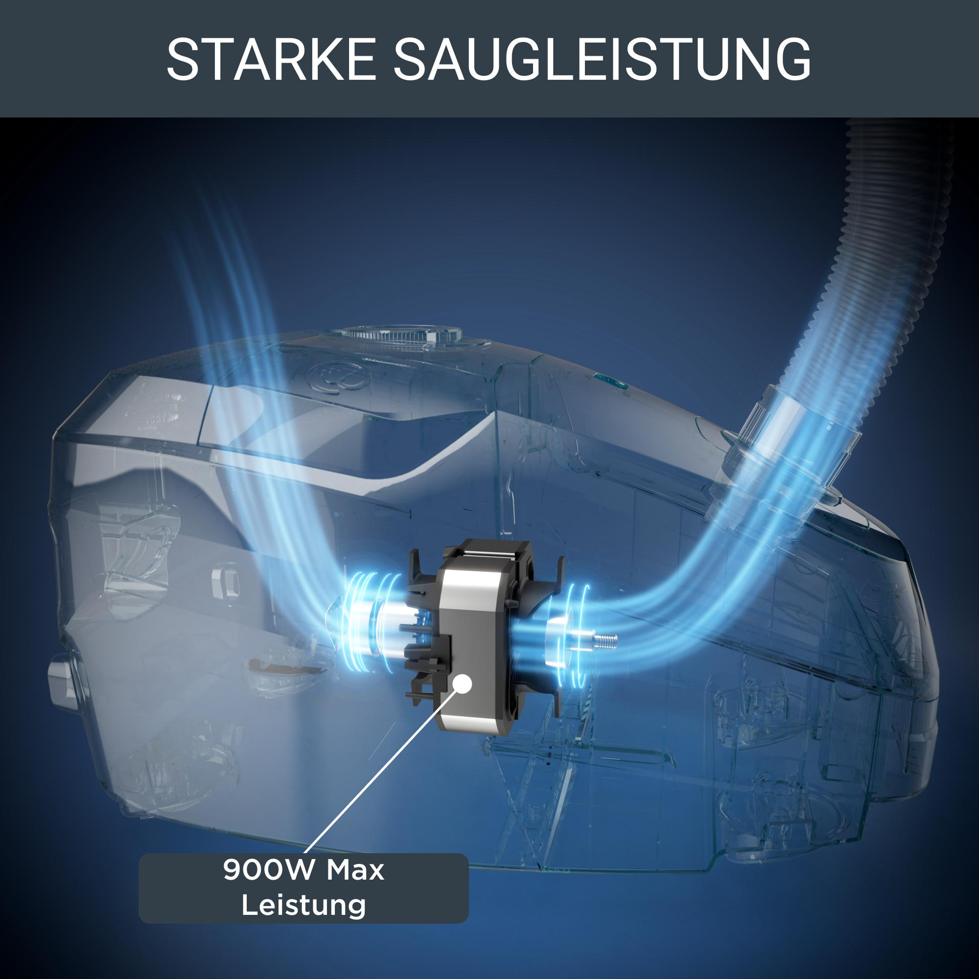 Eine Staubsaugerkomponente mit blauen Luftstromlinien und Text '900W Max Leistung'.