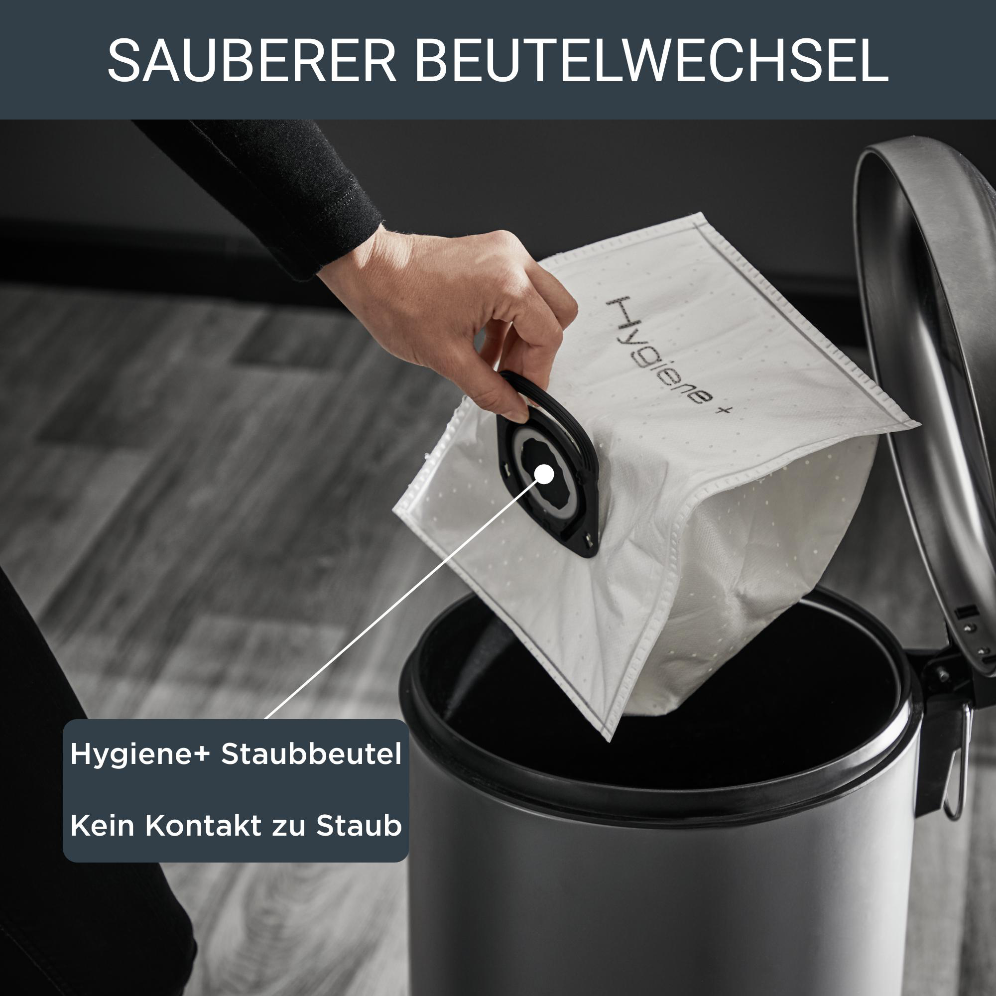 Eine Hand legt einen Hygiene+-Staubbeutel in einen Behälter. Text zeigt sauberen Beutelwechsel, kein Staubkontakt.