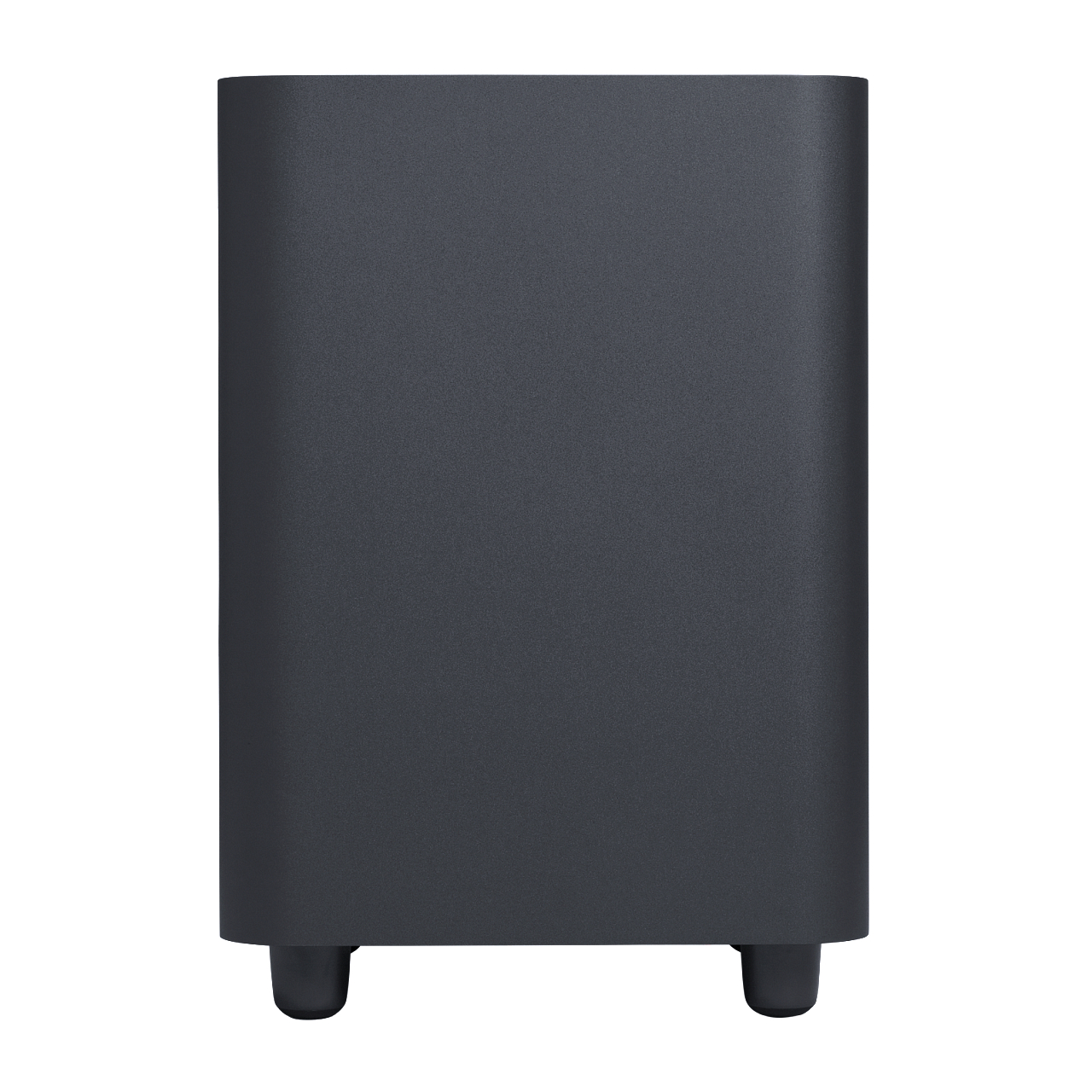 Schwarzer Subwoofer mit abgerundeten Kanten und zwei Füßen unten.