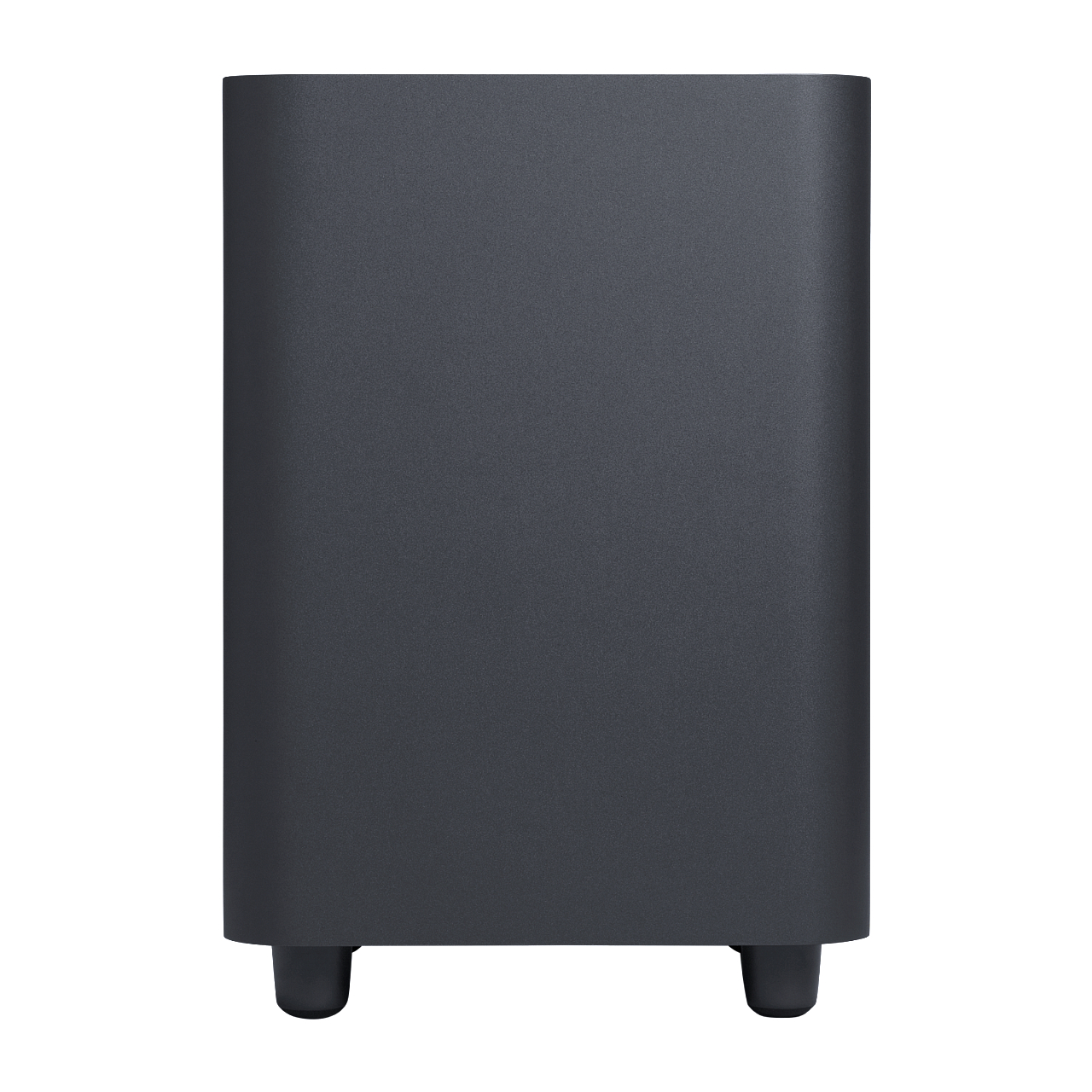 Ein dunkelgrauer Subwoofer mit zwei Beinen, vor einem weißen Hintergrund.