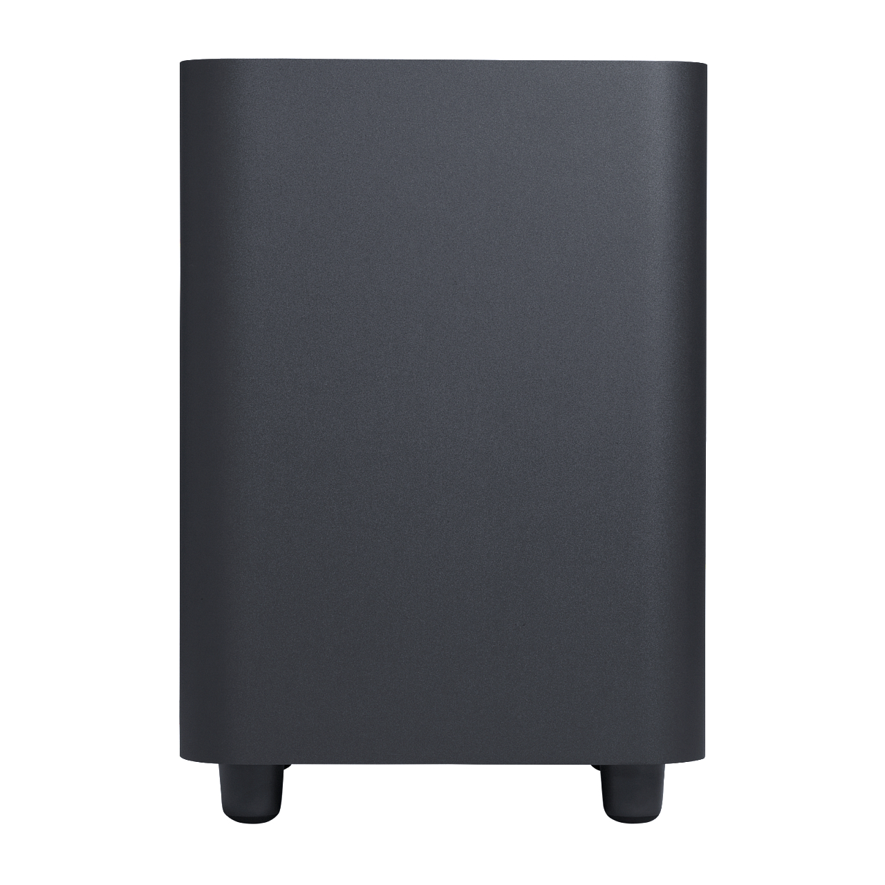 Ein dunkelgrauer rechteckiger Subwoofer mit zwei Füßen an der Unterseite.